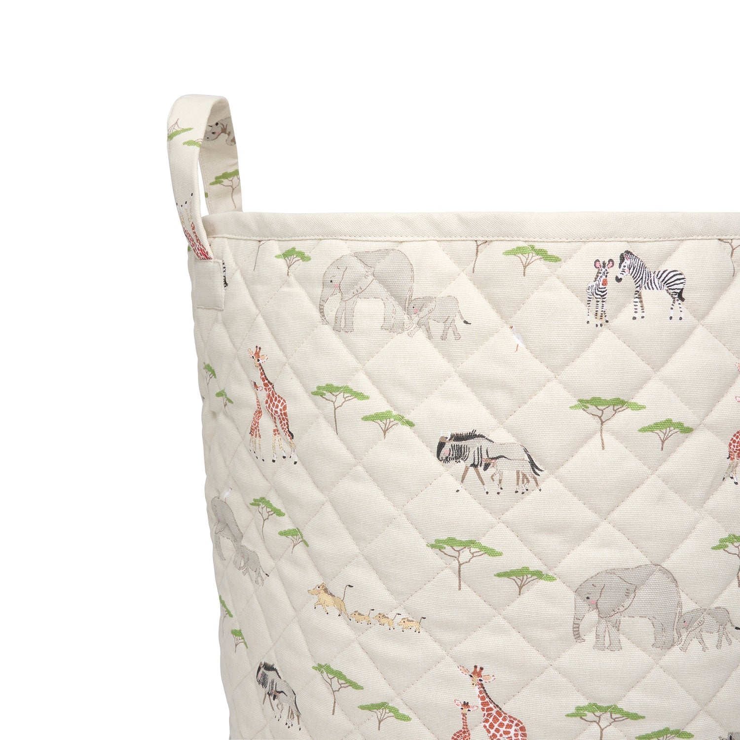 Quilted cotton kids storage basket with safari animal print by Sophie Allport detail