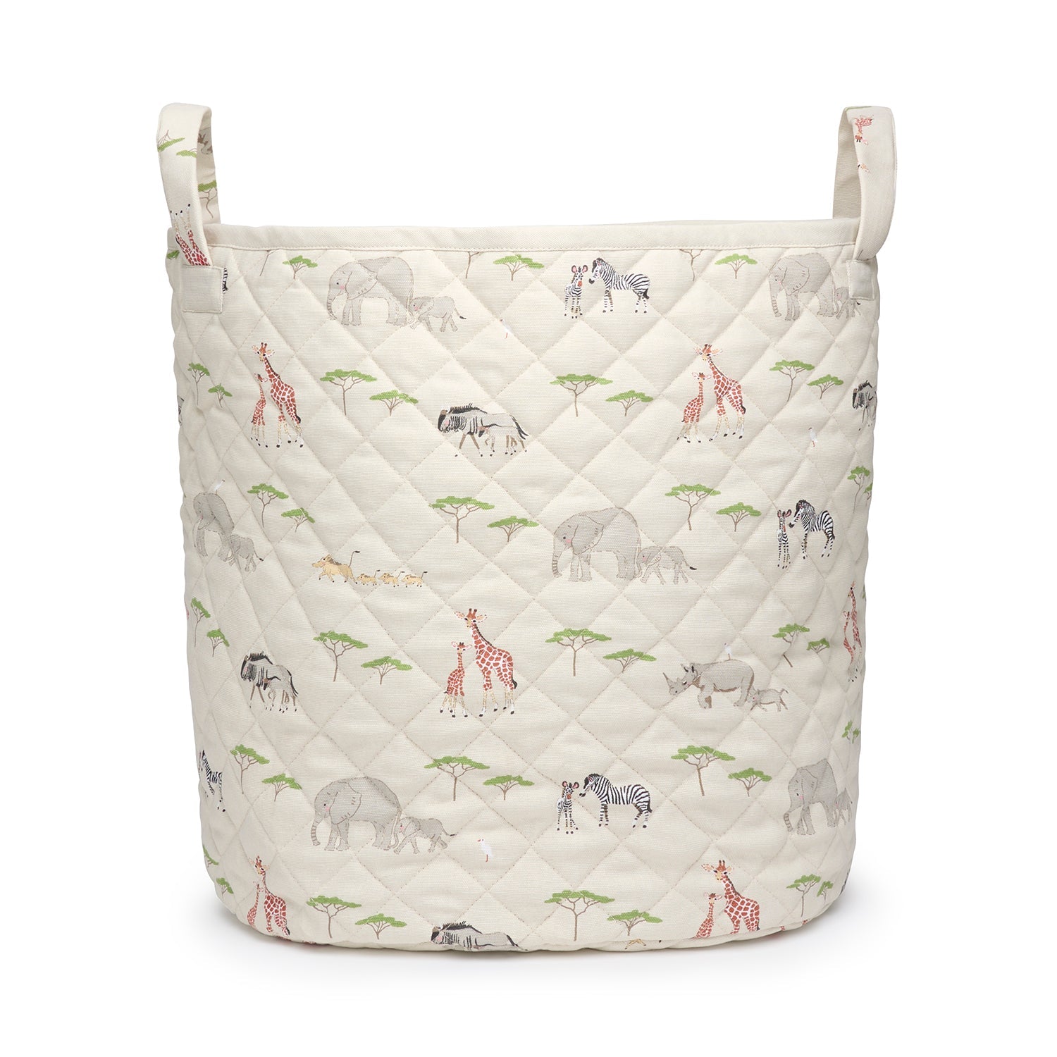 Quilted cotton kids storage basket with safari animal print by Sophie Allport