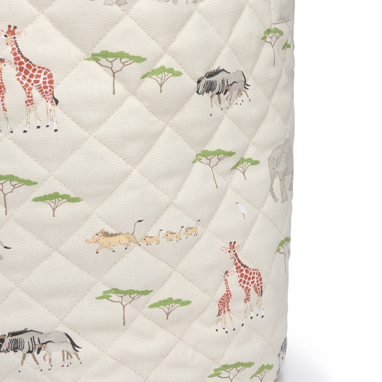 Quilted cotton kids storage basket with safari animal print by Sophie Allport quilted detail