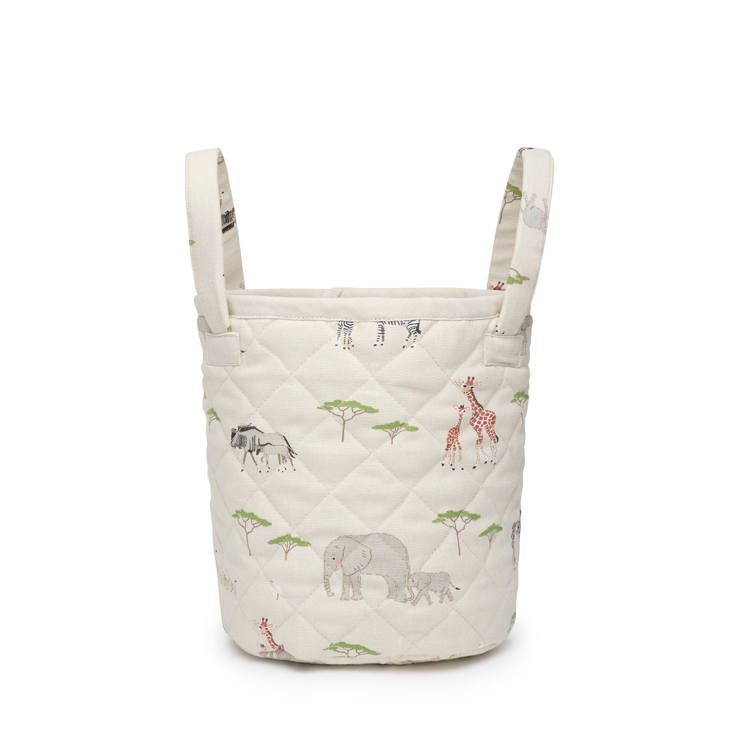 Quilted cotton kids storage basket with safari animal print by Sophie Allport small