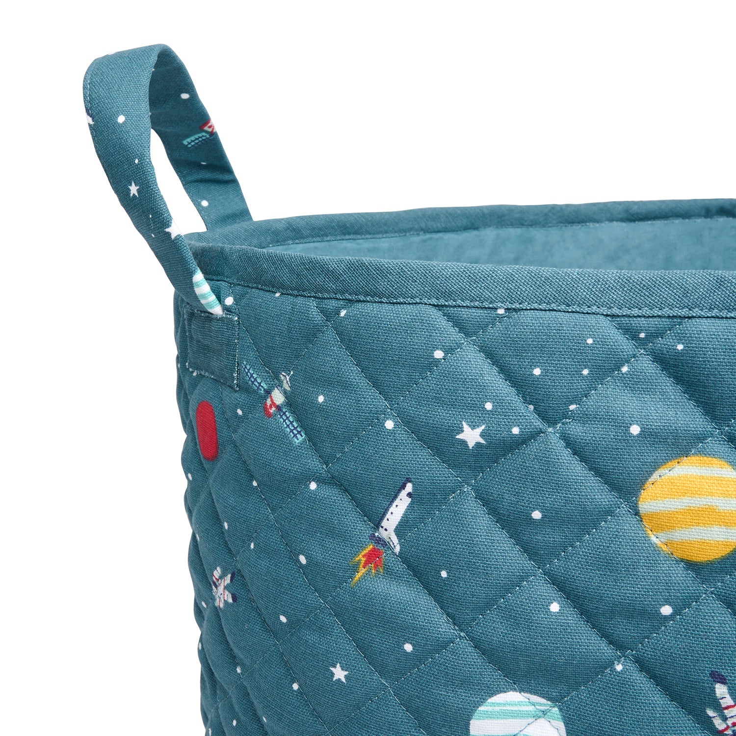 Blue quilted kids storage basket with space print by Sophie Allport Large detail