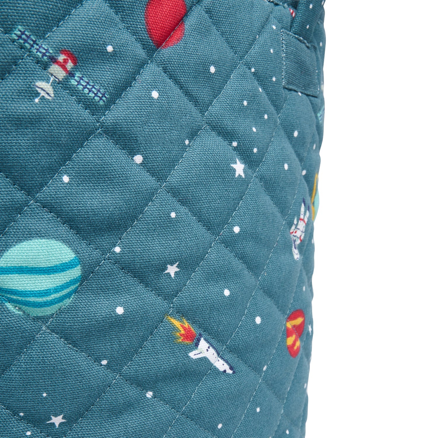 Blue quilted kids storage basket with space print by Sophie Allport quilt detail