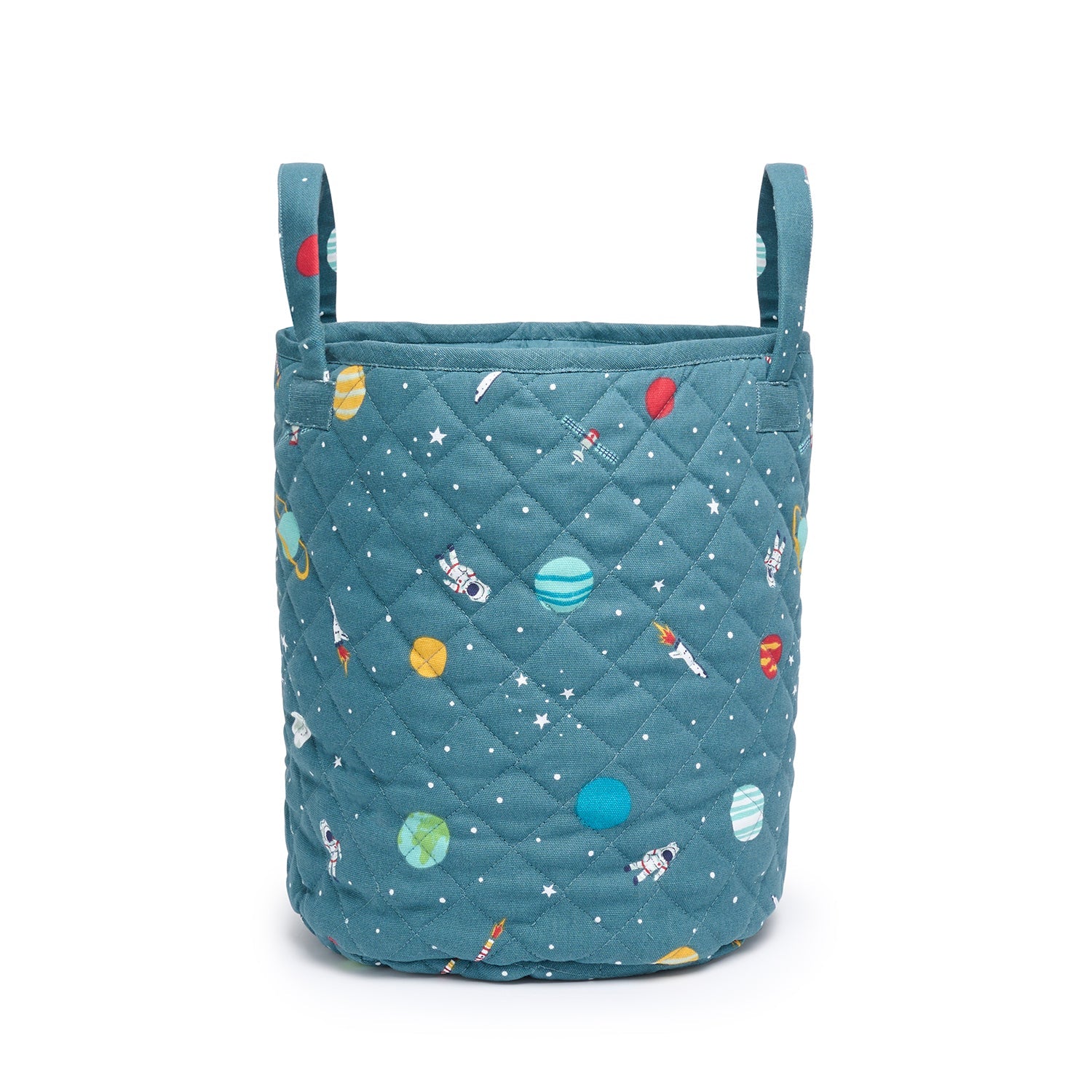 Blue quilted kids storage basket with space print by Sophie Allport Medium