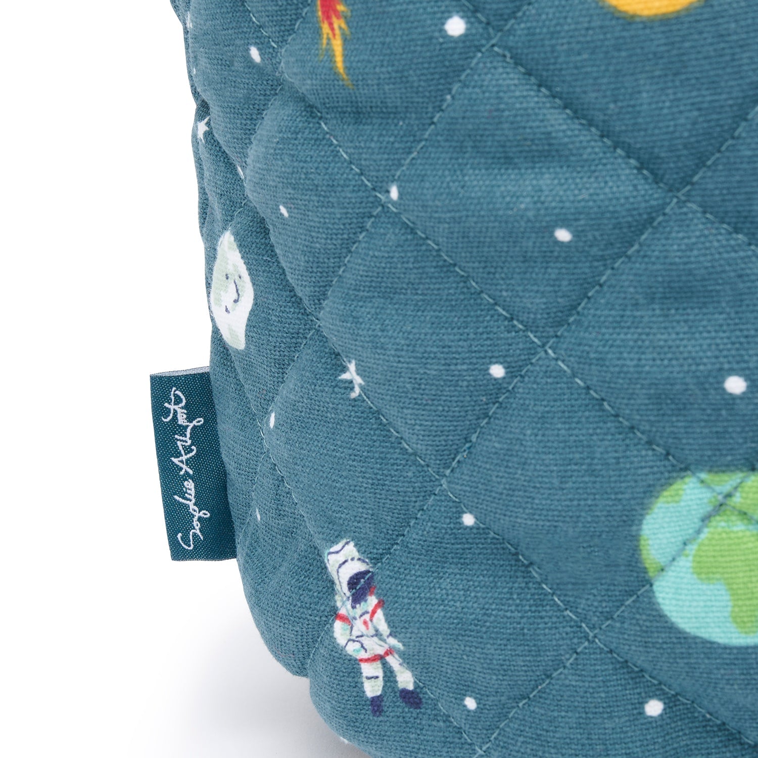 Blue quilted kids storage basket with space print by Sophie Allport tag detail