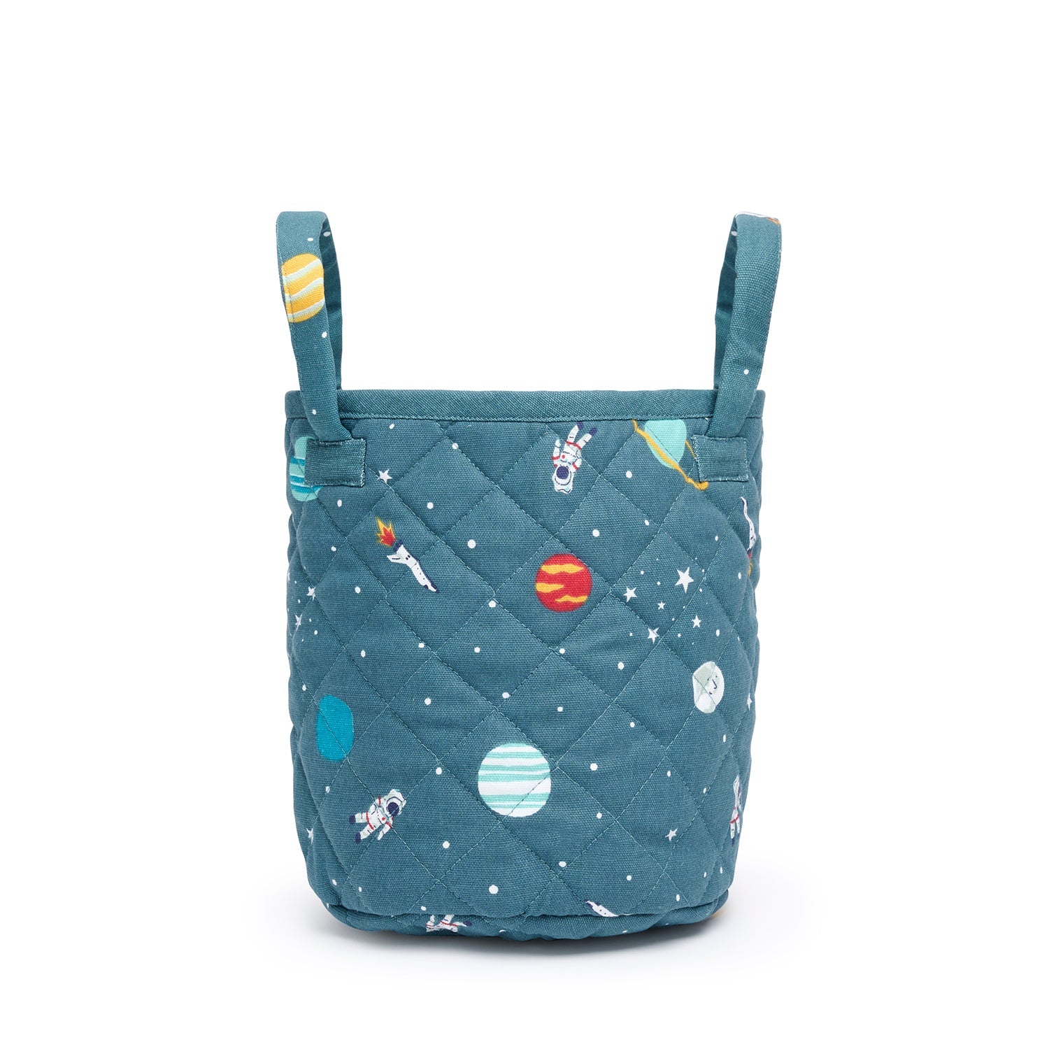 Blue quilted kids storage basket with space print by Sophie Allport Small