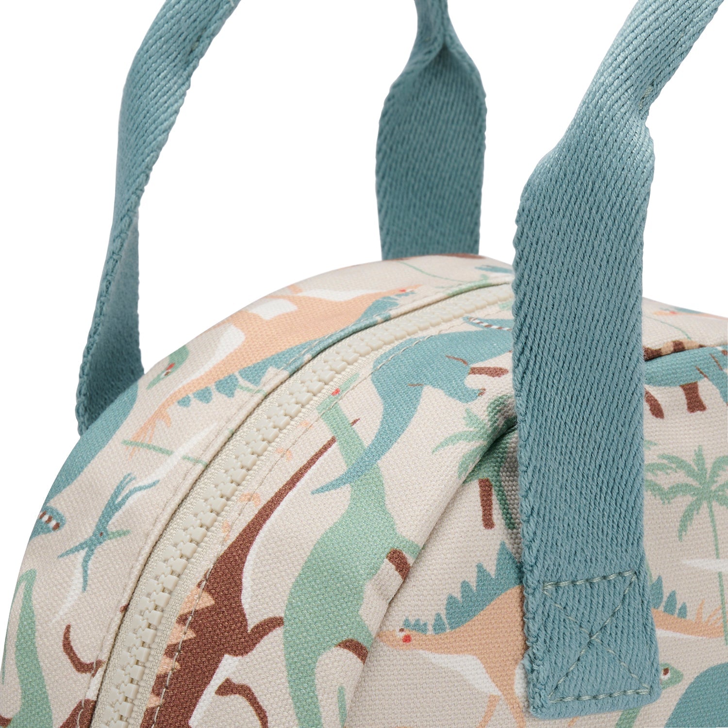 Close up on Dinosaur Camouflage Backpack by Sophie Allport, woven handles