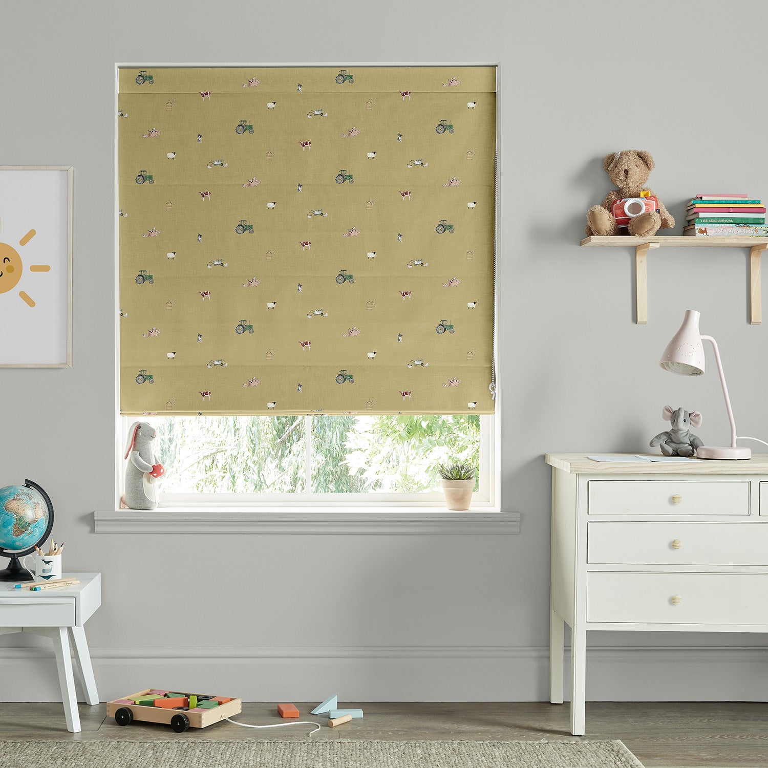 On the Farm Mustard Made to Measure Roman Blind by Sophie Allport