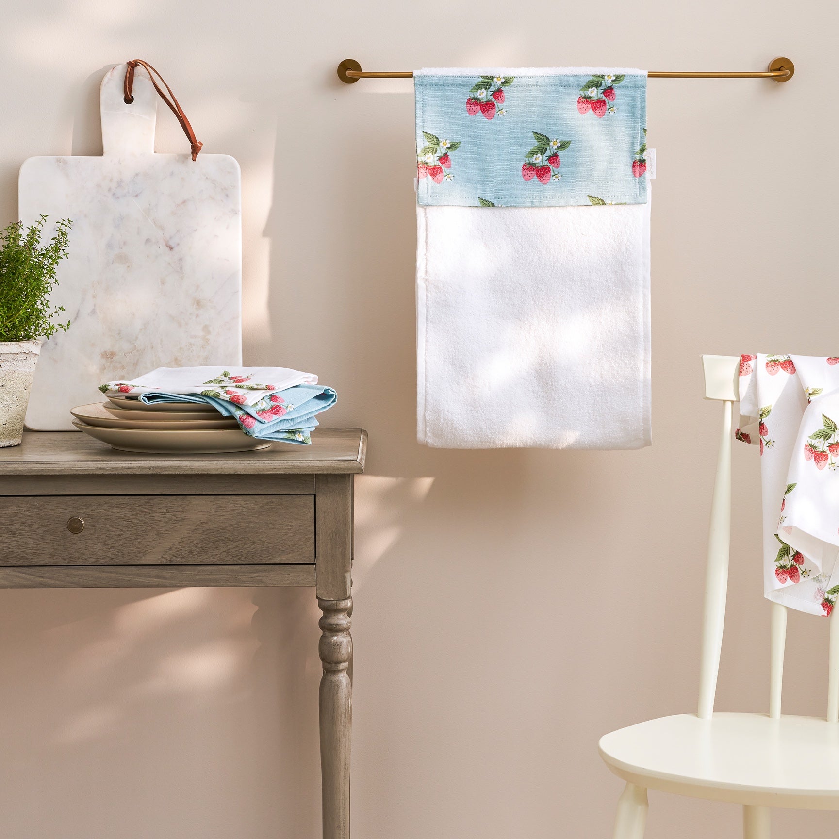 Strawberries Blue Roller Hand Towel by Sophie Allport