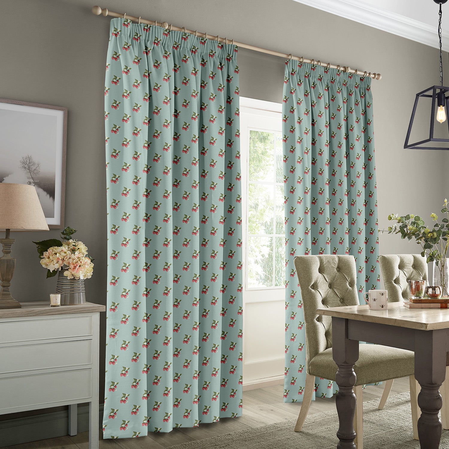 Strawberries Pale Blue Made to Measure Curtains