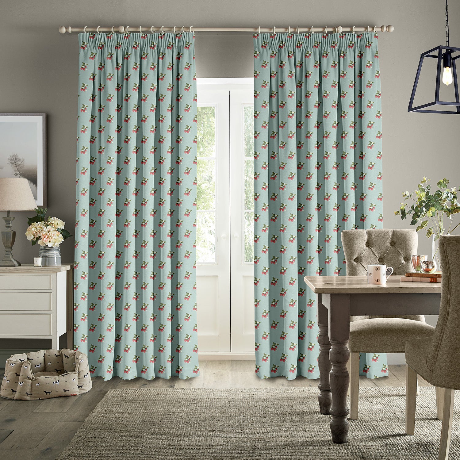 Strawberries Pale Blue Made to Measure Curtains by Sophie Allport