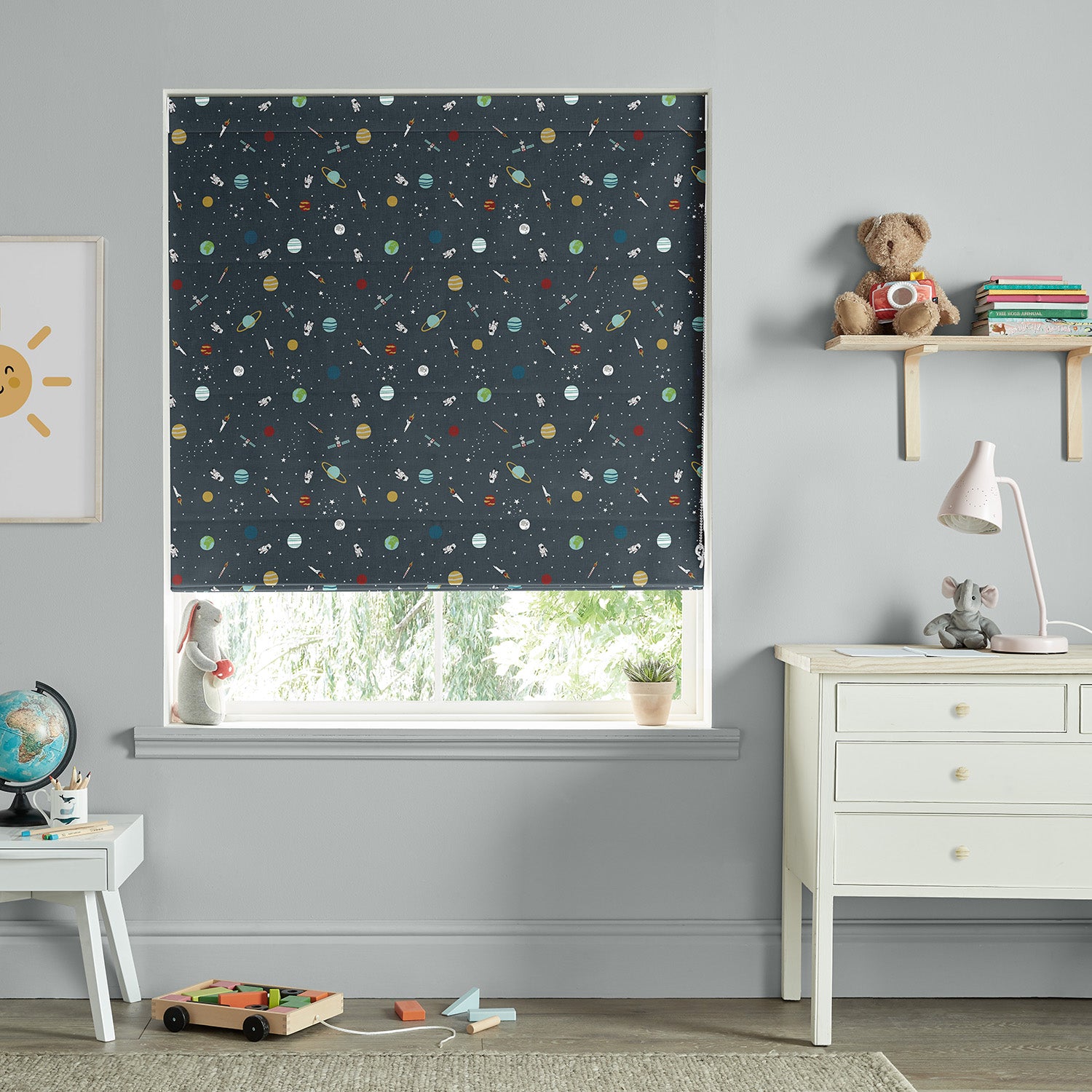 Space Teal Made to Measure Roman Blind by Sophie Allport