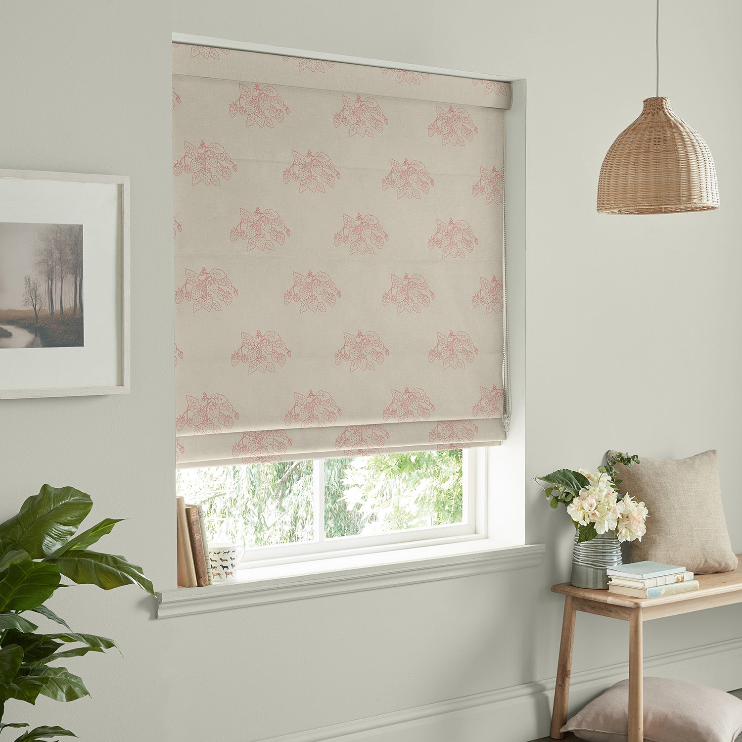 Strawberries Pink Red Linen Look Made to Measure Roman Blind