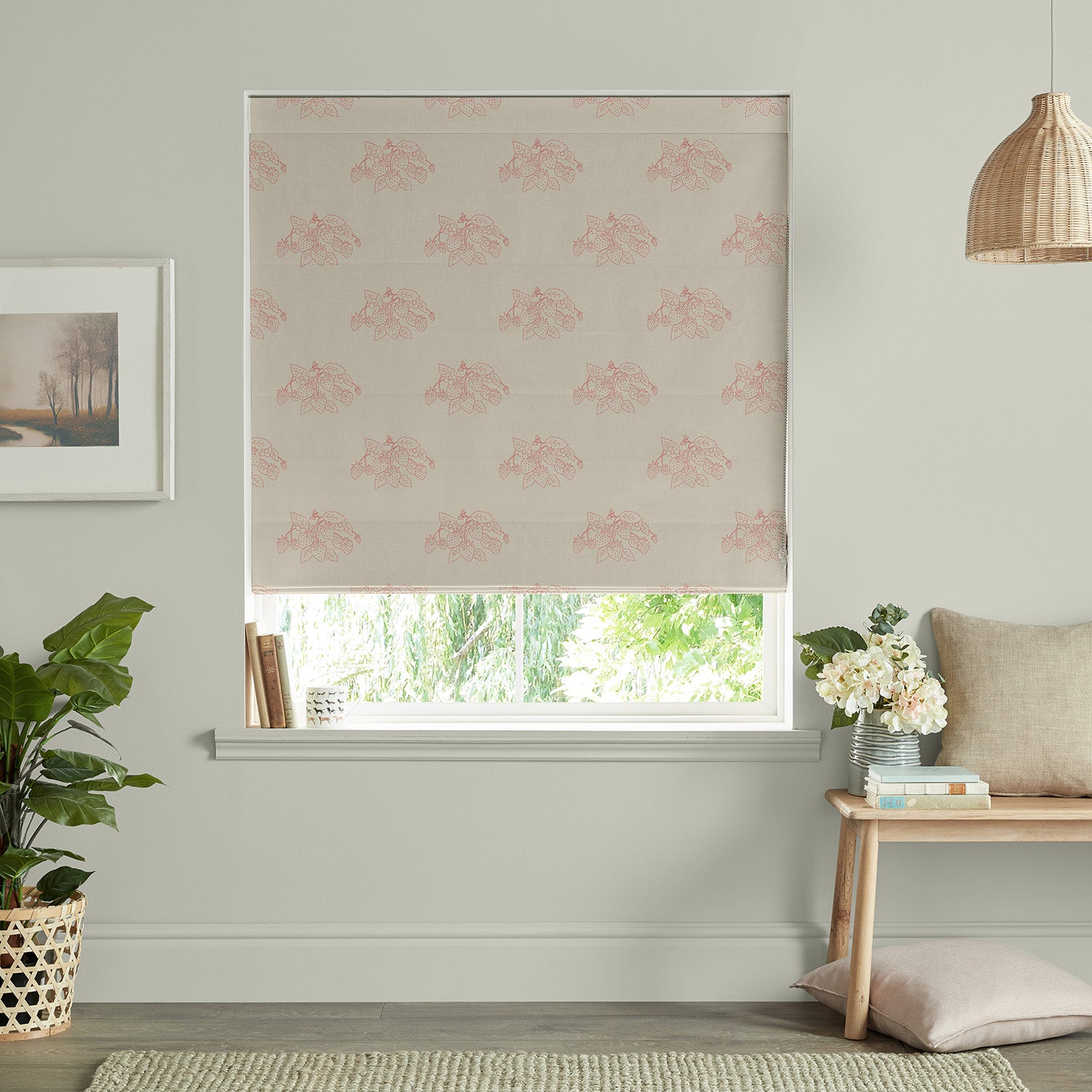 Strawberries Pink Red Linen Look Made to Measure Roman Blind by Sophie Allport