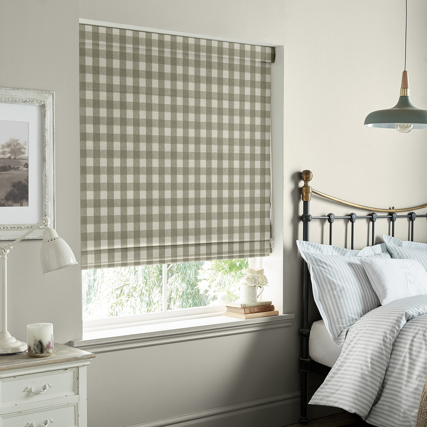 Gingham Warm Stone Made to Measure Roman Blind