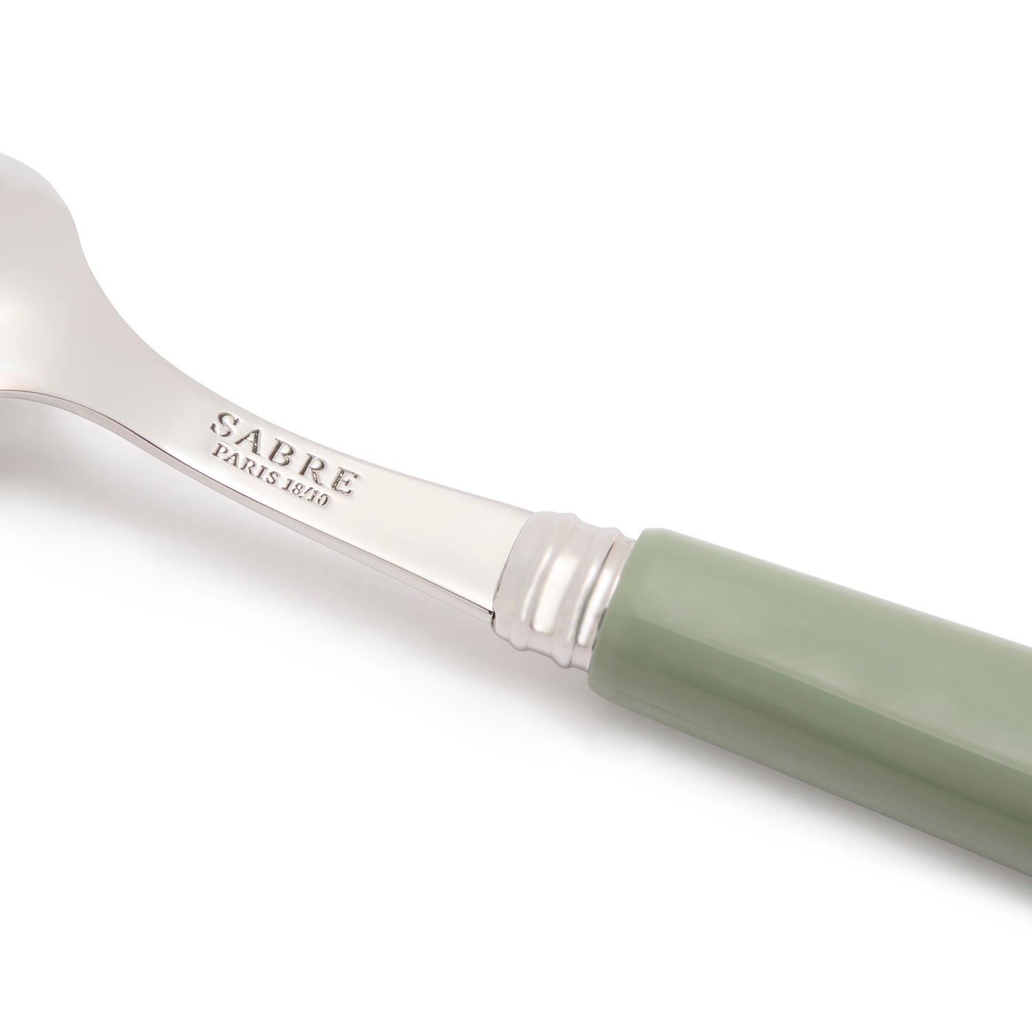 Stainless steel cutlery set with green handles by Sophie Allport engrave detail