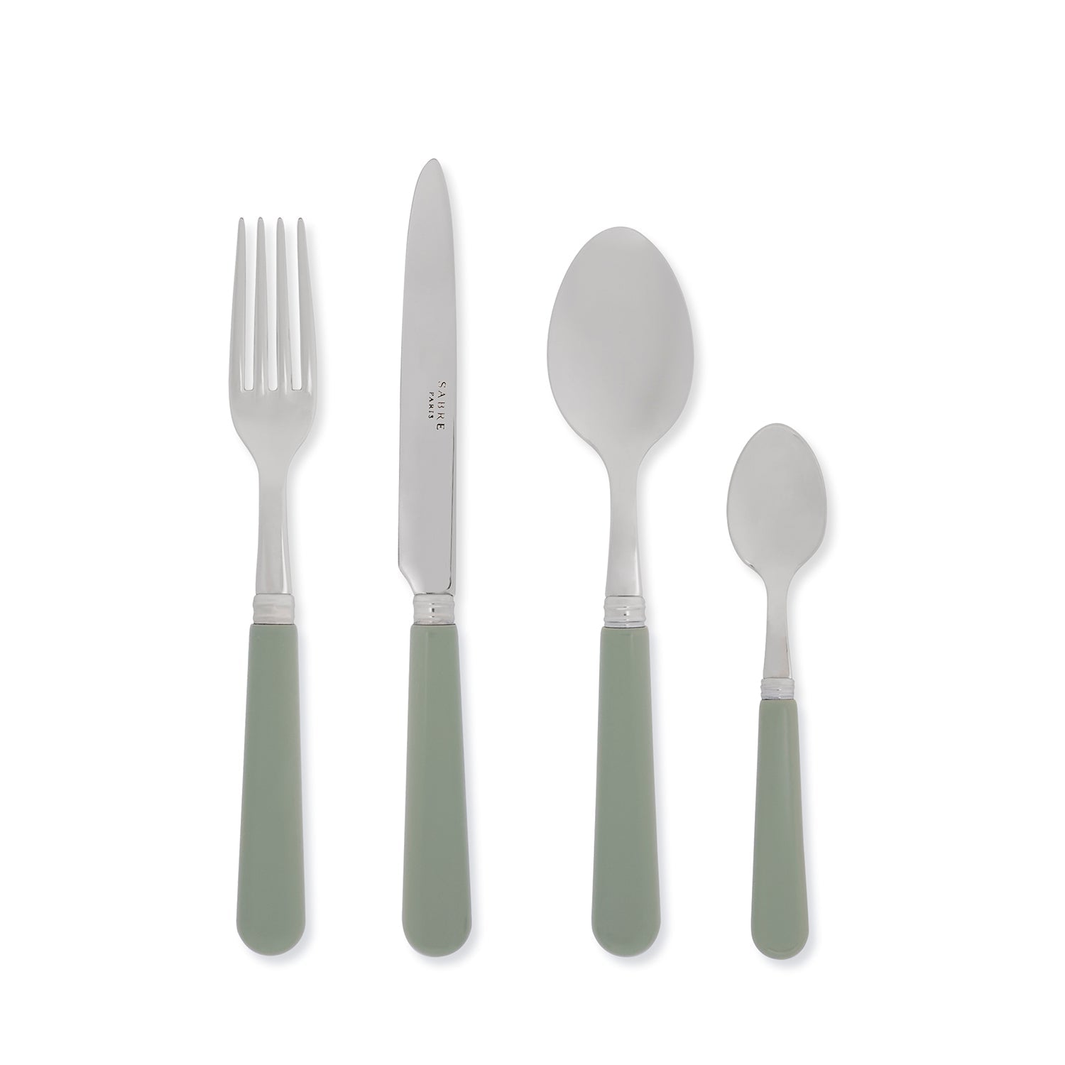 Stainless steel cutlery set with green handles by Sophie Allport front