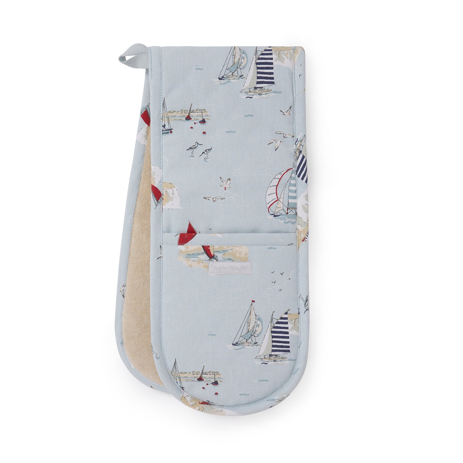 Blue double oven glove with sailing boat print by Sophie Allport front