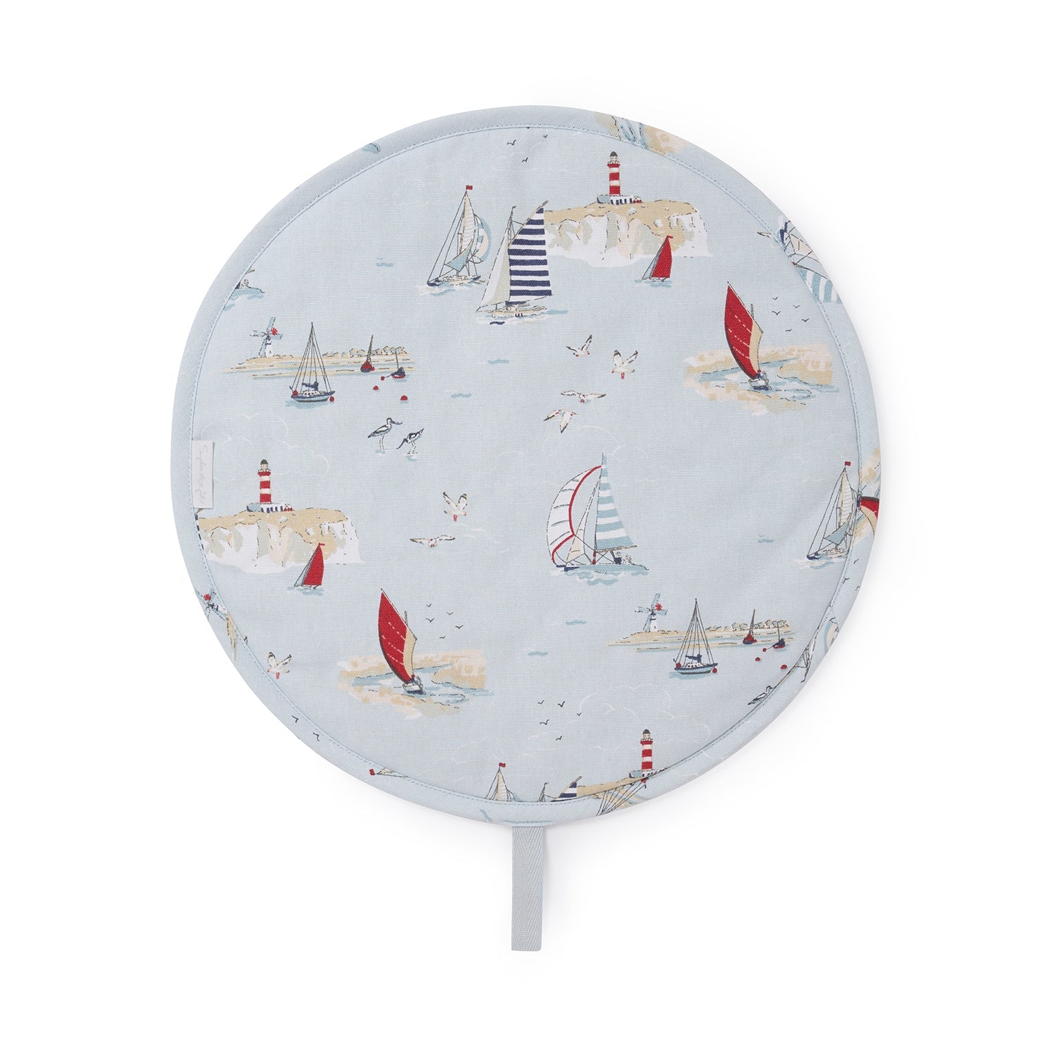 Blue hob covers with coastal sailing boats print by Sophie Allport front