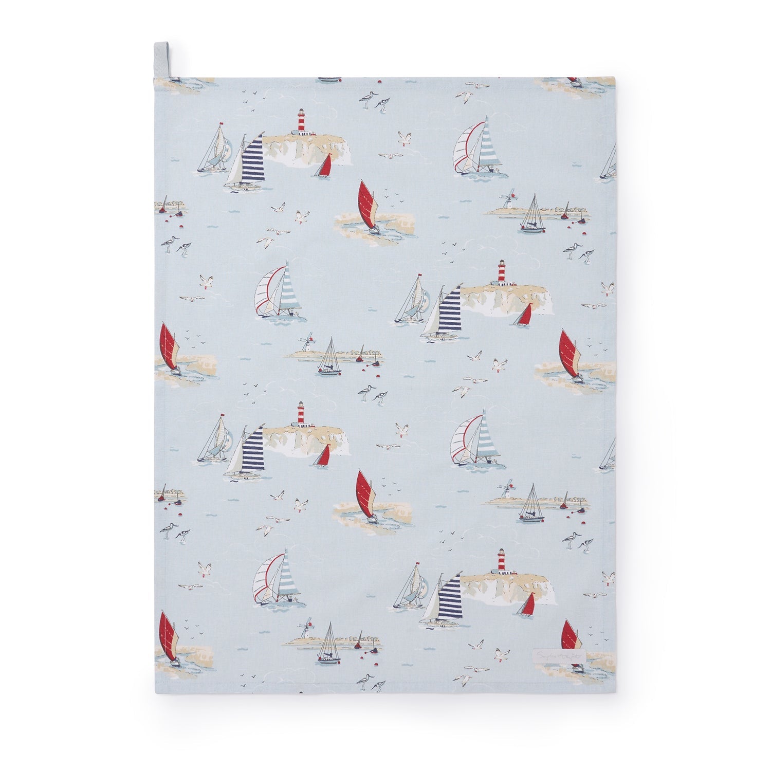 Blue tea towel with coastal boats print by Sophie Allport front