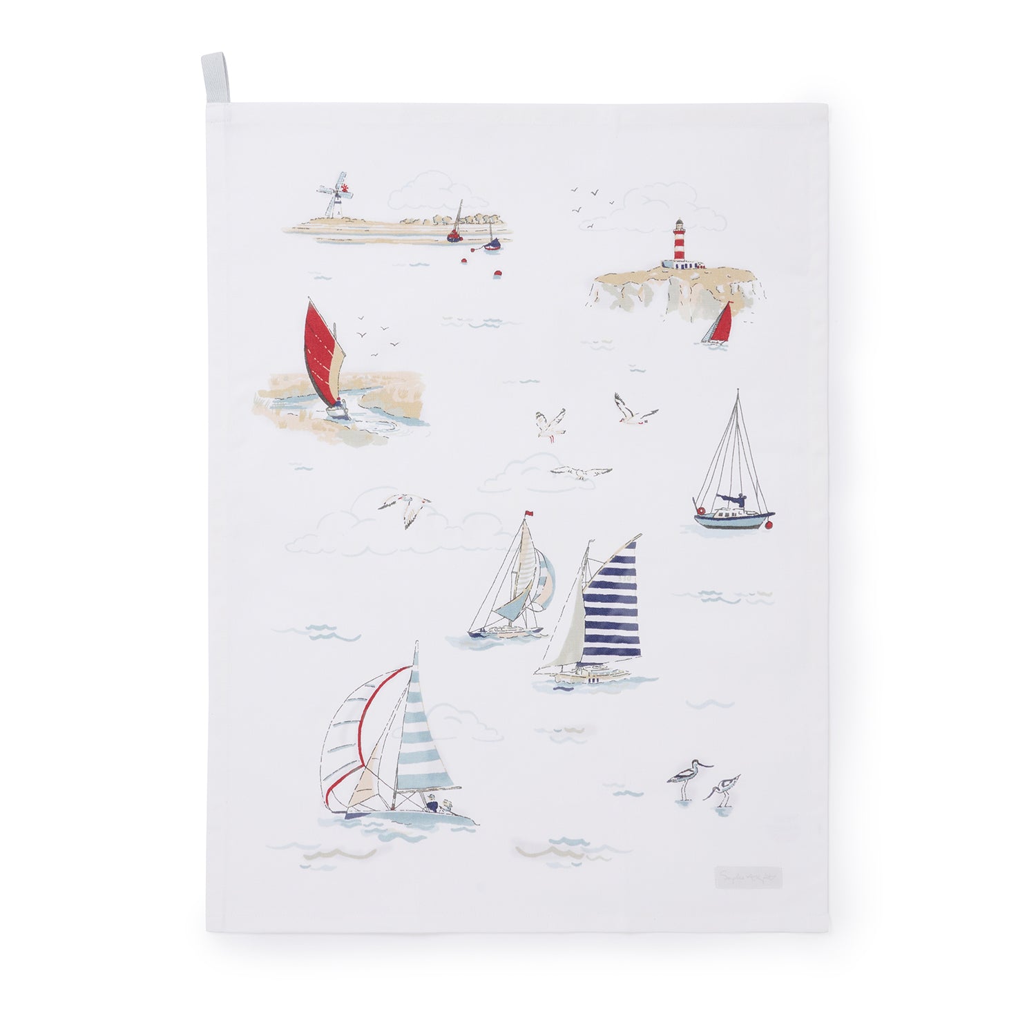 White tea towel with coastal sailing boats by Sophie Allport front