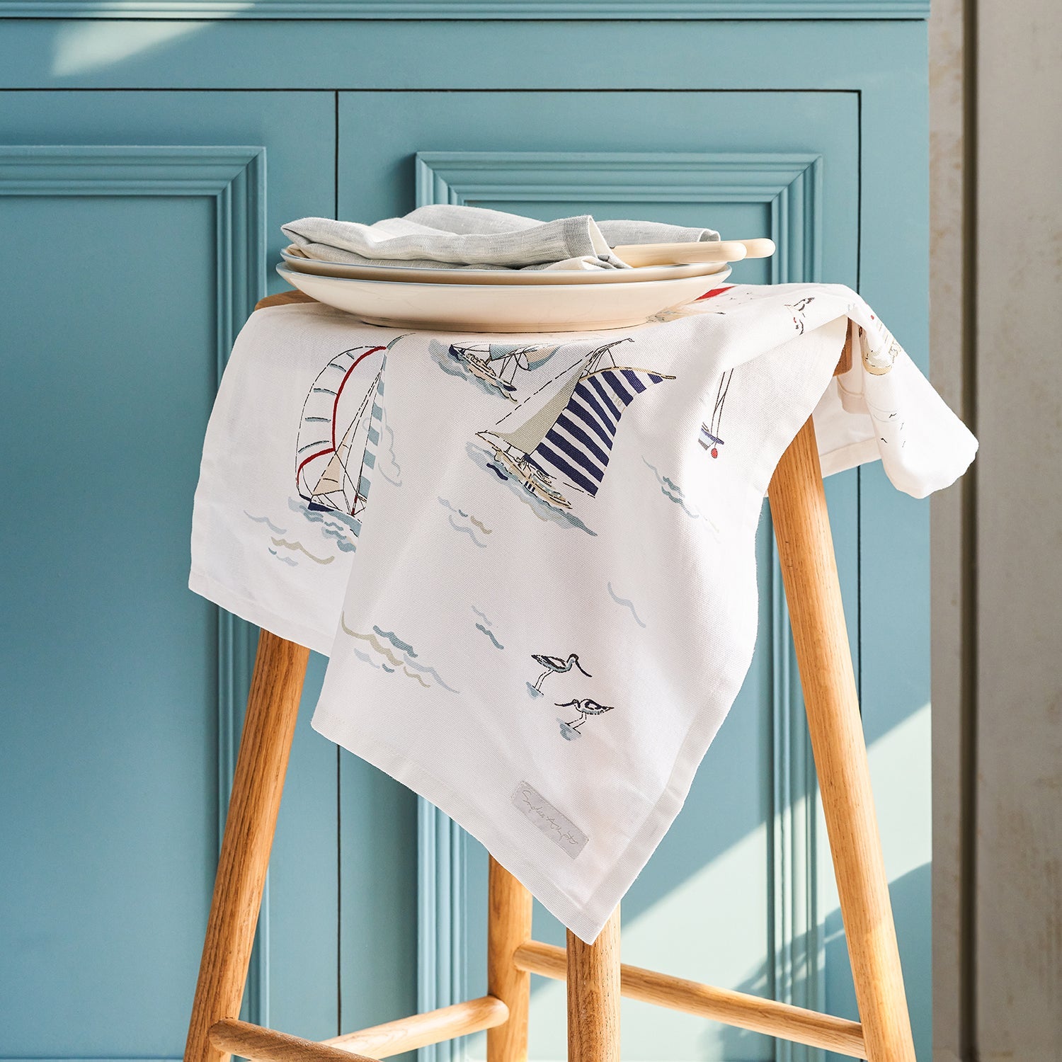 White tea towel with coastal sailing boats by Sophie Allport