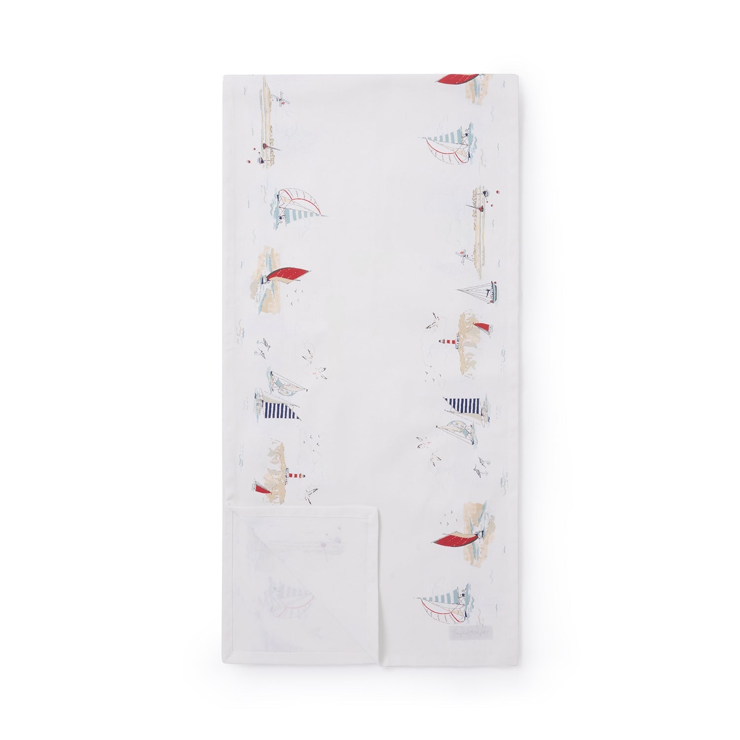 White table runner with coastal sailing boats print by Sophie Allport front