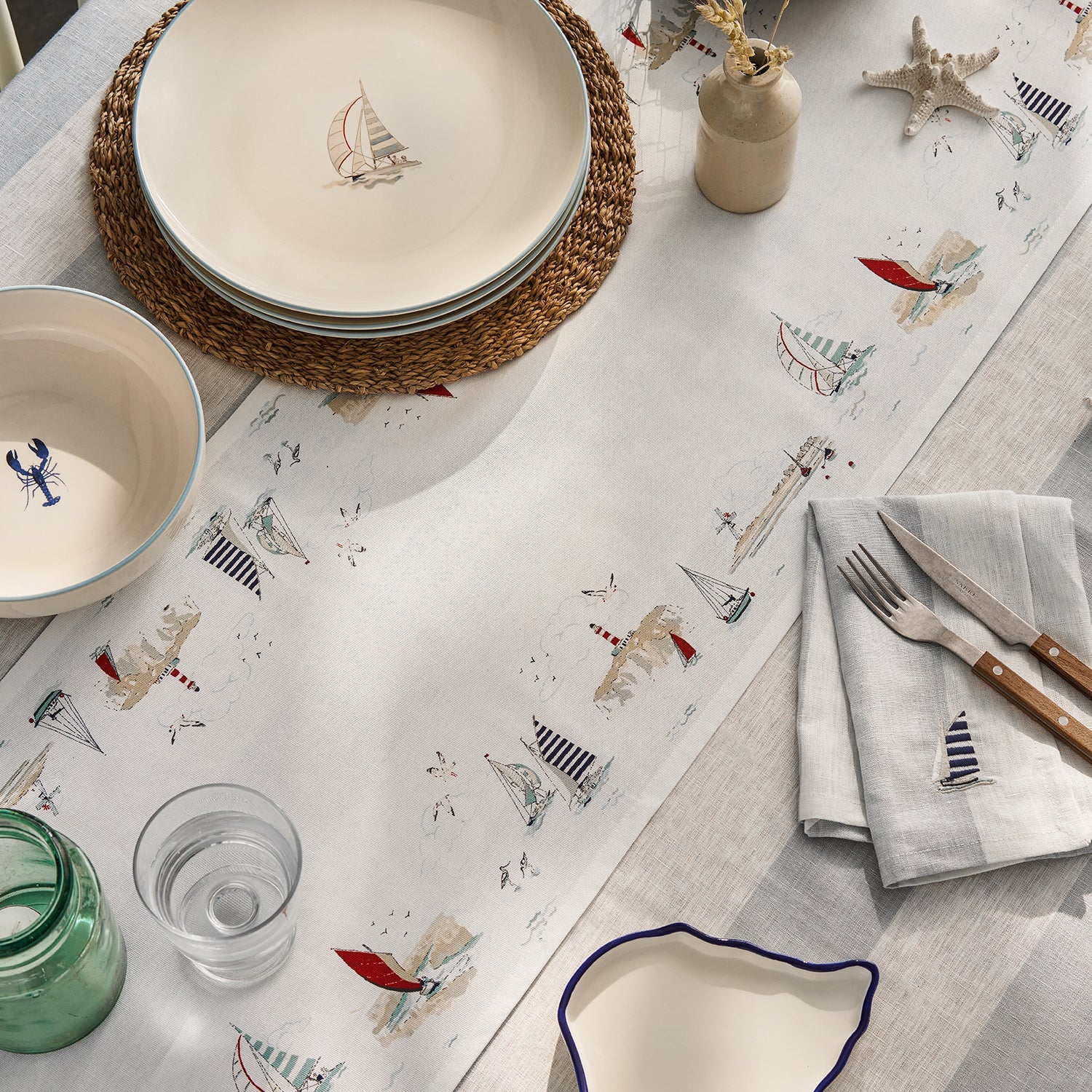 White table runner with coastal sailing boats print by Sophie Allport