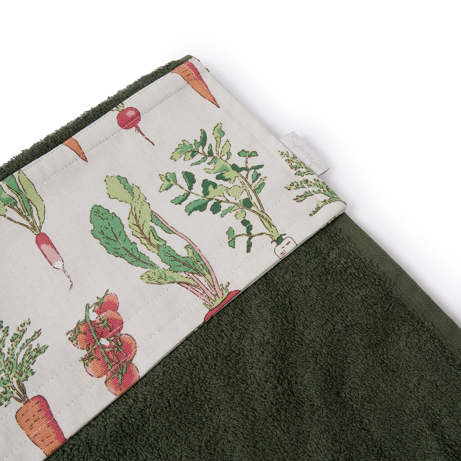 Green roller hand towel with garden vegetables print by Sophie Allport tag detail