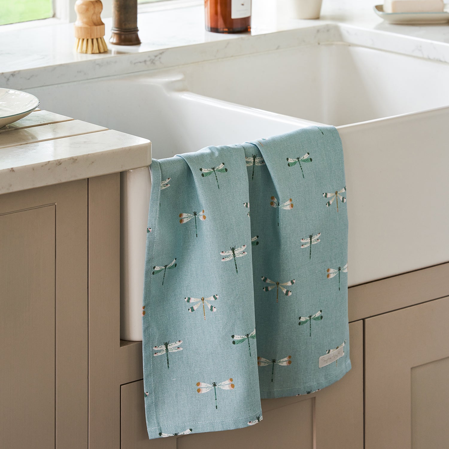 Blue tea towel with dragonfly print by Sophie Allport