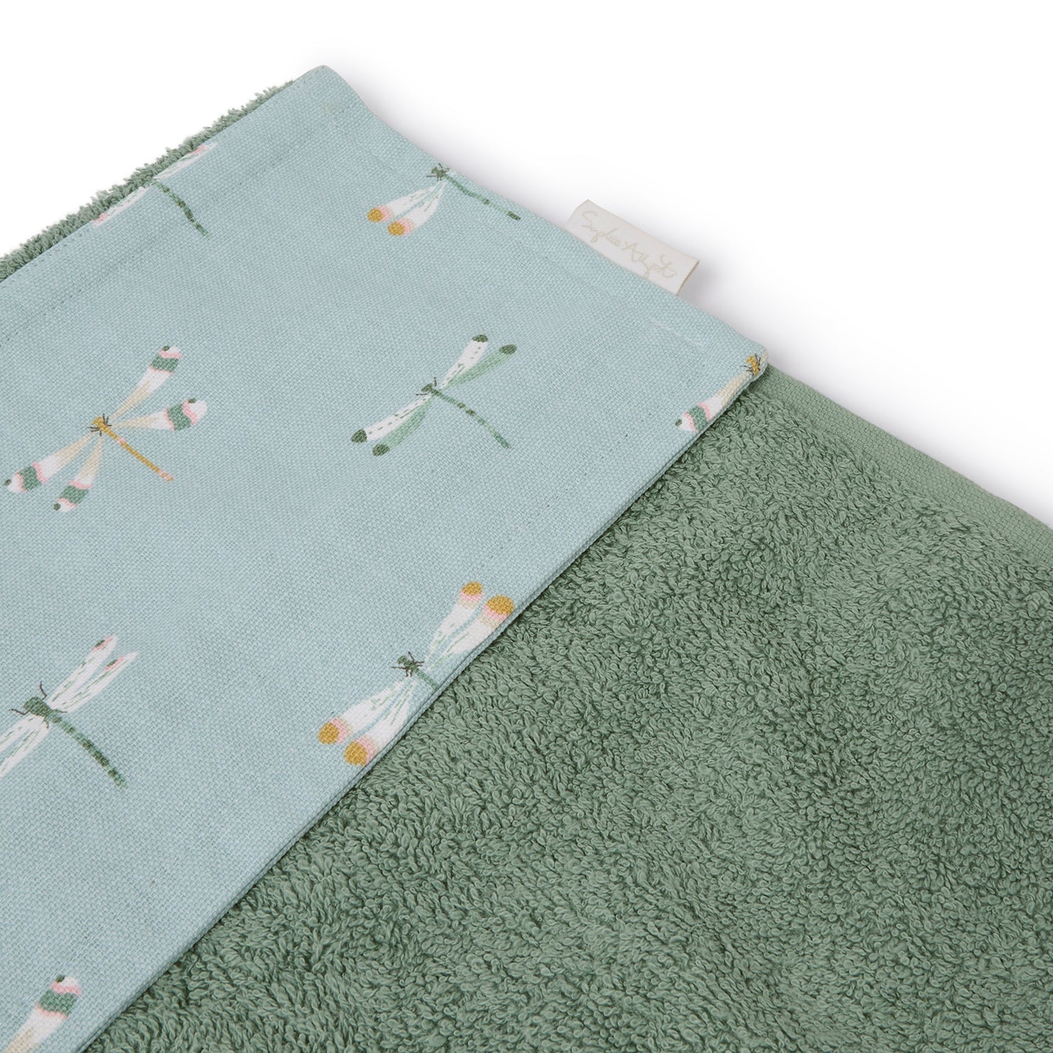 Blue roller hand towel with dragonfly print by Sophie Allport tag detail