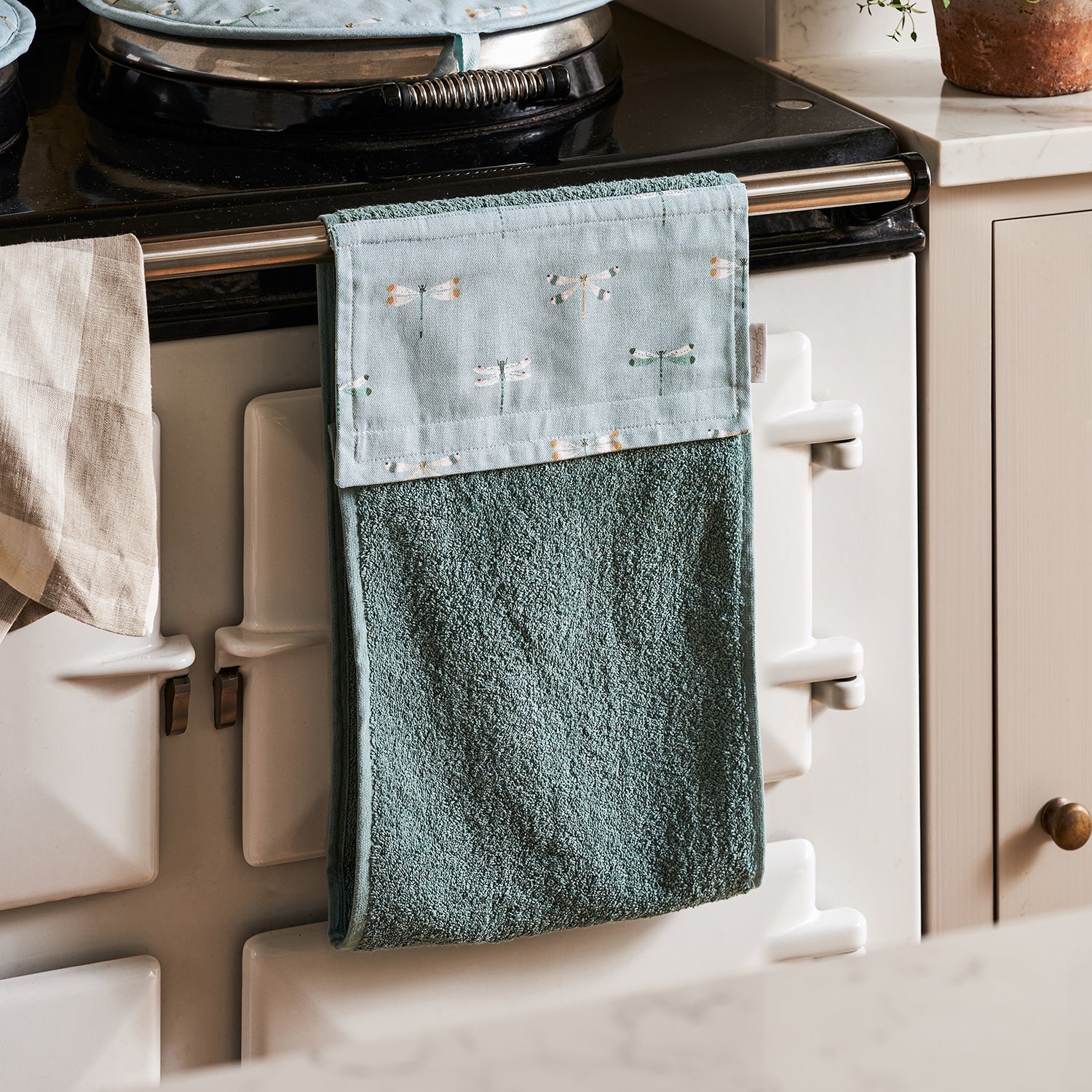 Blue roller hand towel with dragonfly print by Sophie Allport