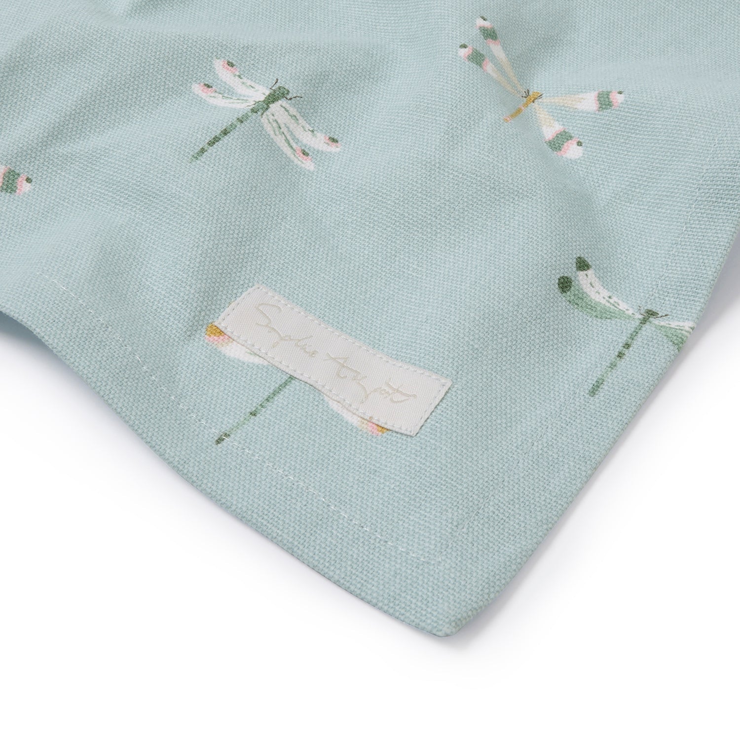 Blue table runner with dragonfly print by Sophie Allport front tag detail