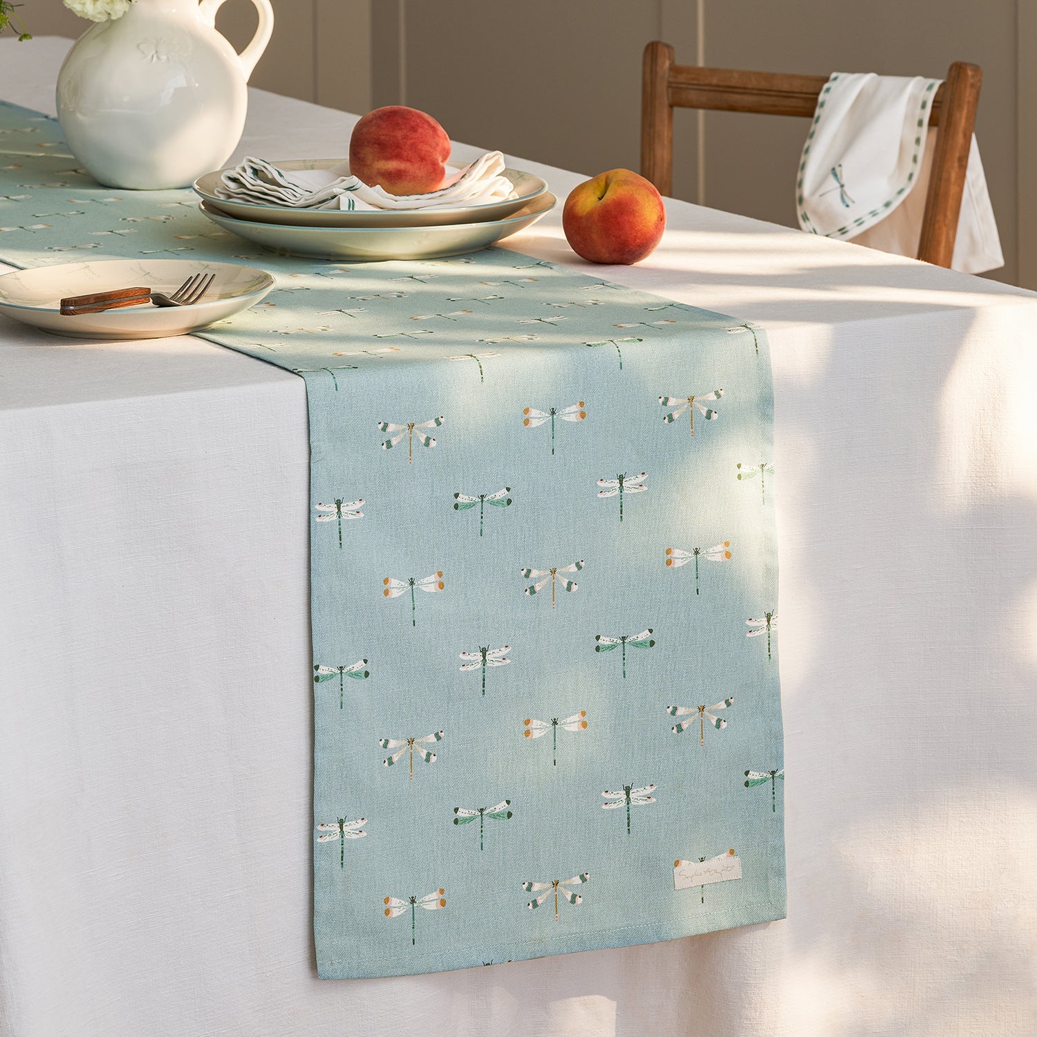 Blue table runner with dragonfly print by Sophie Allport