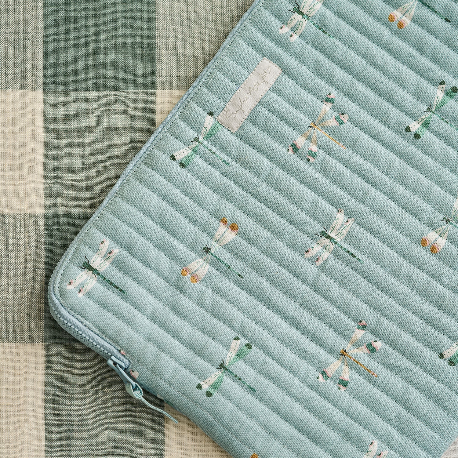 Blue cotton laptop cases with dragonfly print by Sophie Allport detail