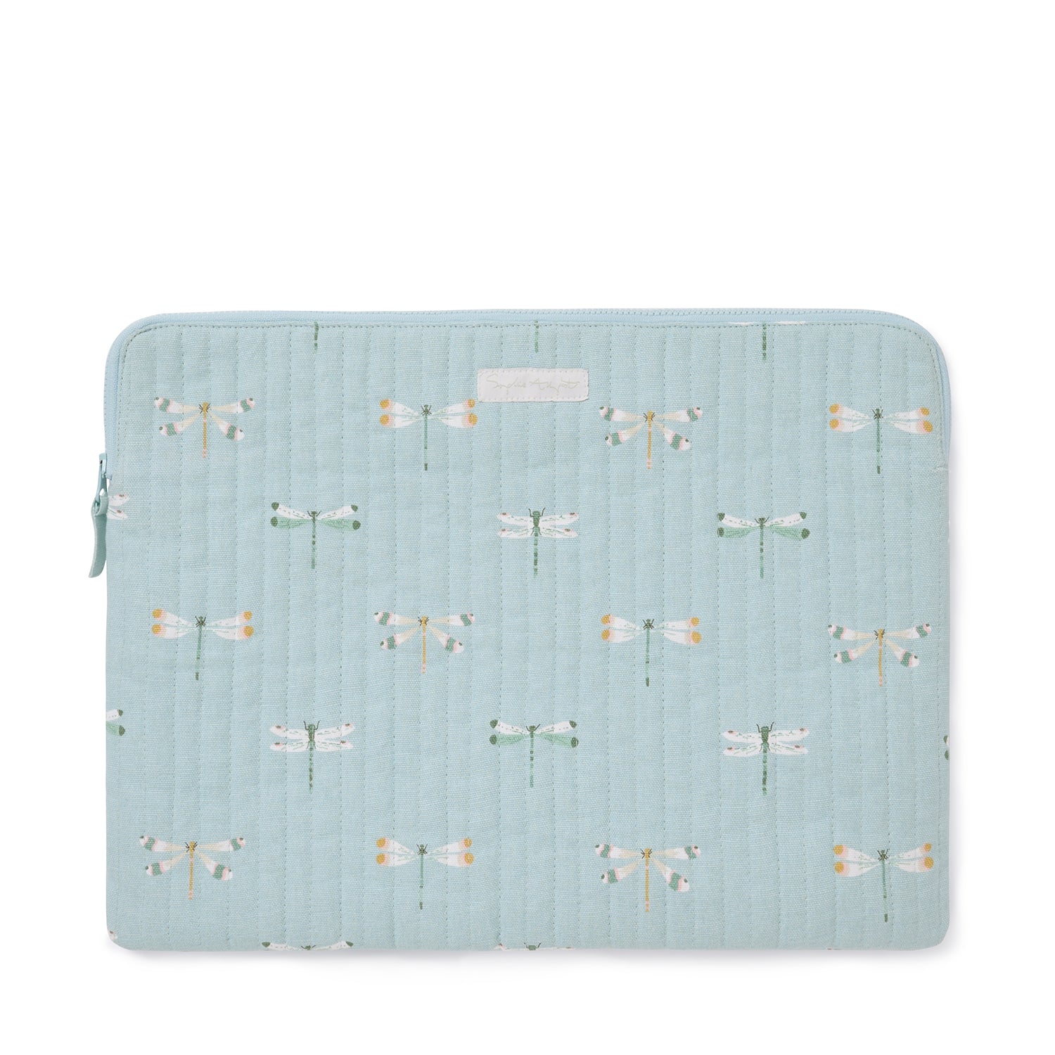 Blue cotton laptop cases with dragonfly print by Sophie Allport front small