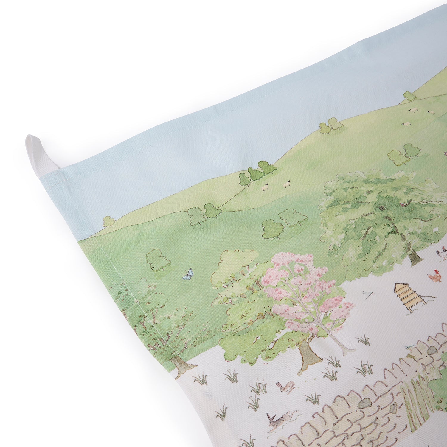 White tea towel with Easter spring cottage print by Sophie Allport hanging loop