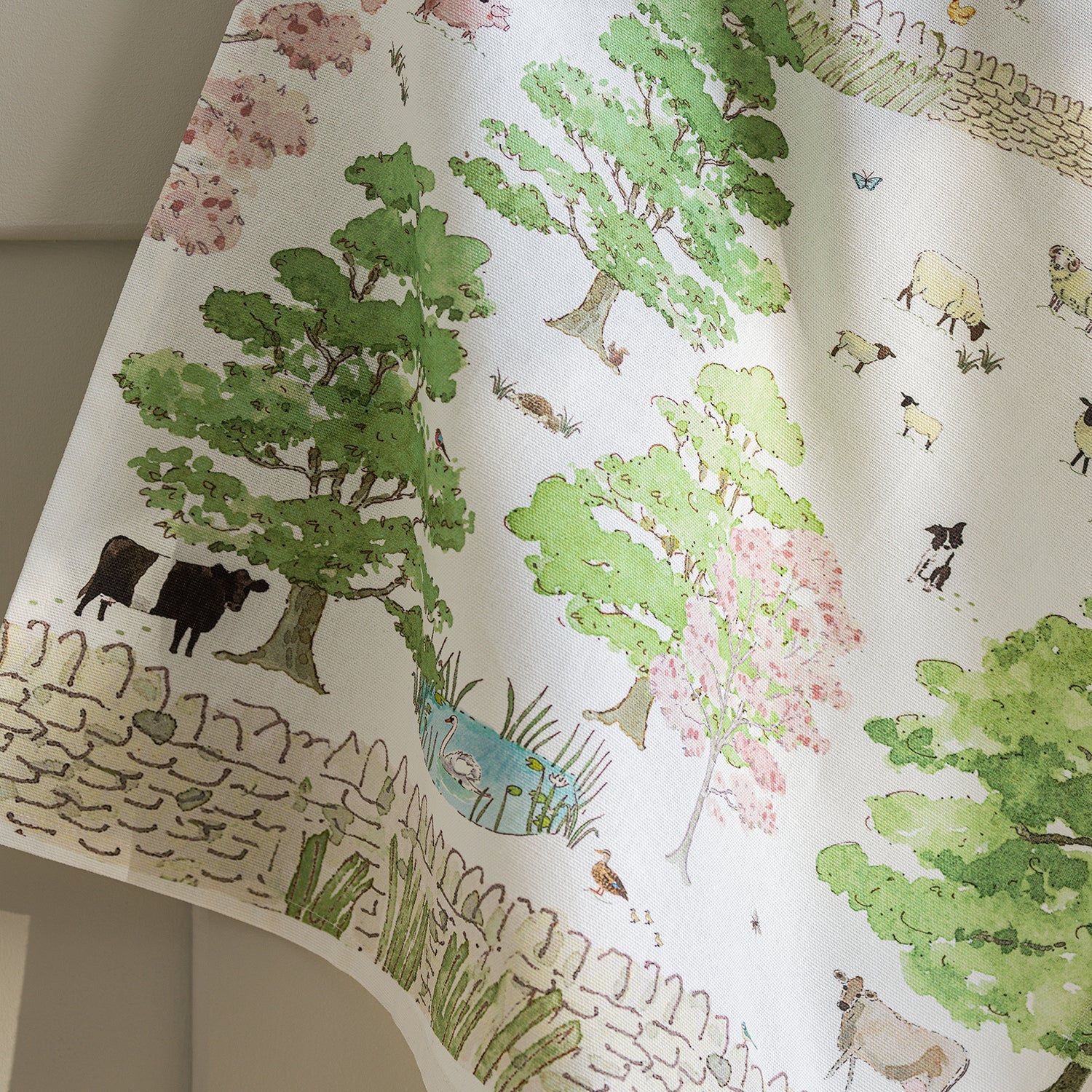 White tea towel with Easter spring cottage print by Sophie Allport detail