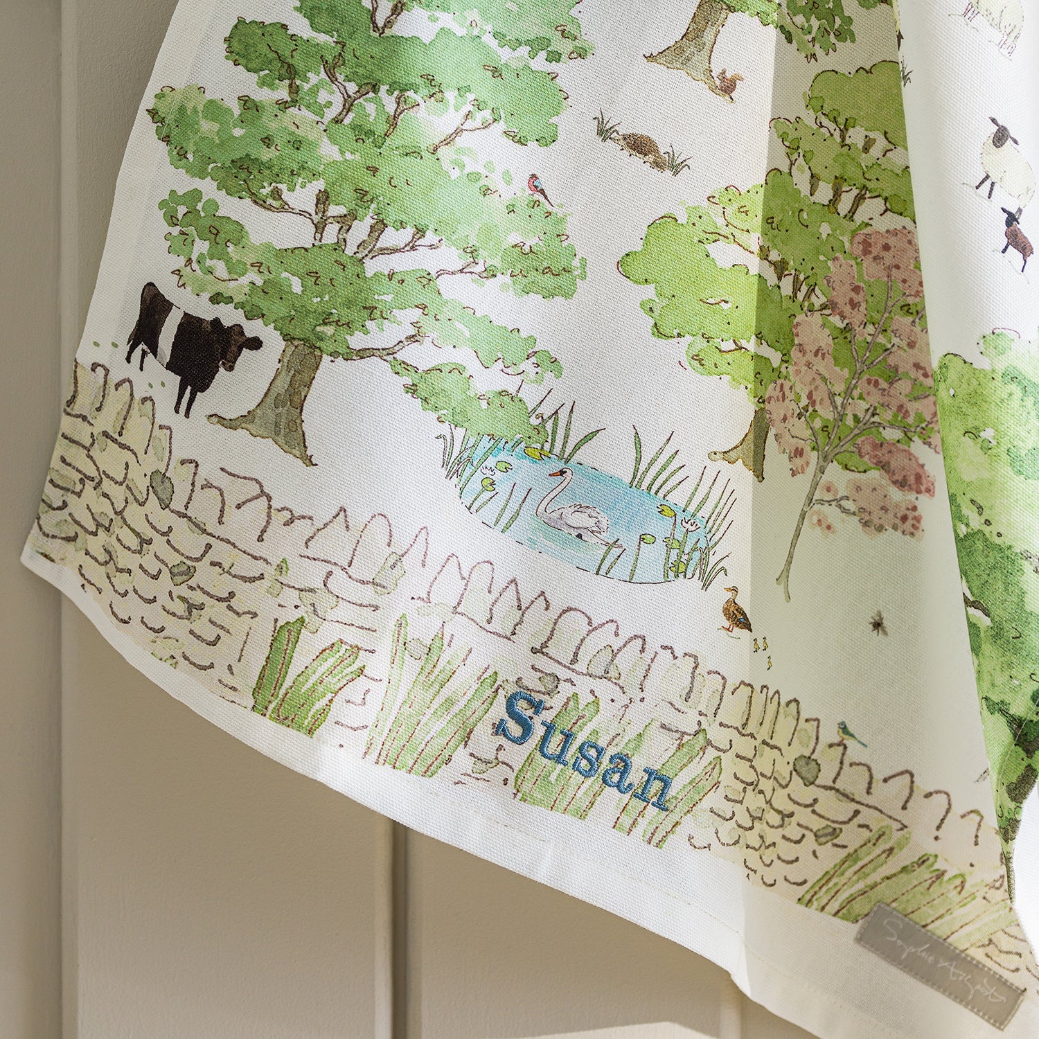 White tea towel with Easter spring cottage print by Sophie Allport detail