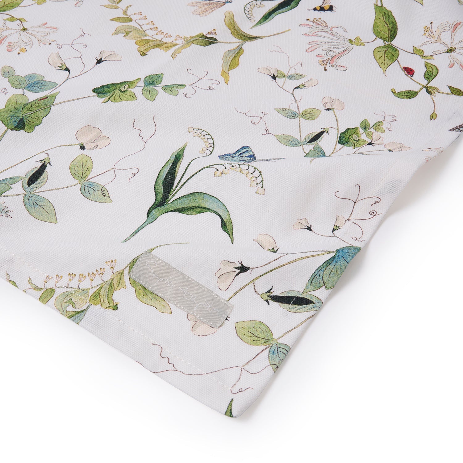 White table runner with floral print by Sophie Allport corner detail