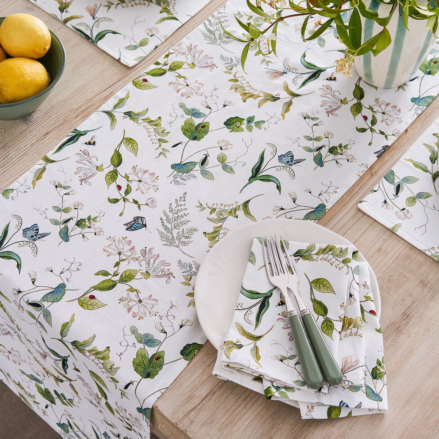 White table runner with floral print by Sophie Allport