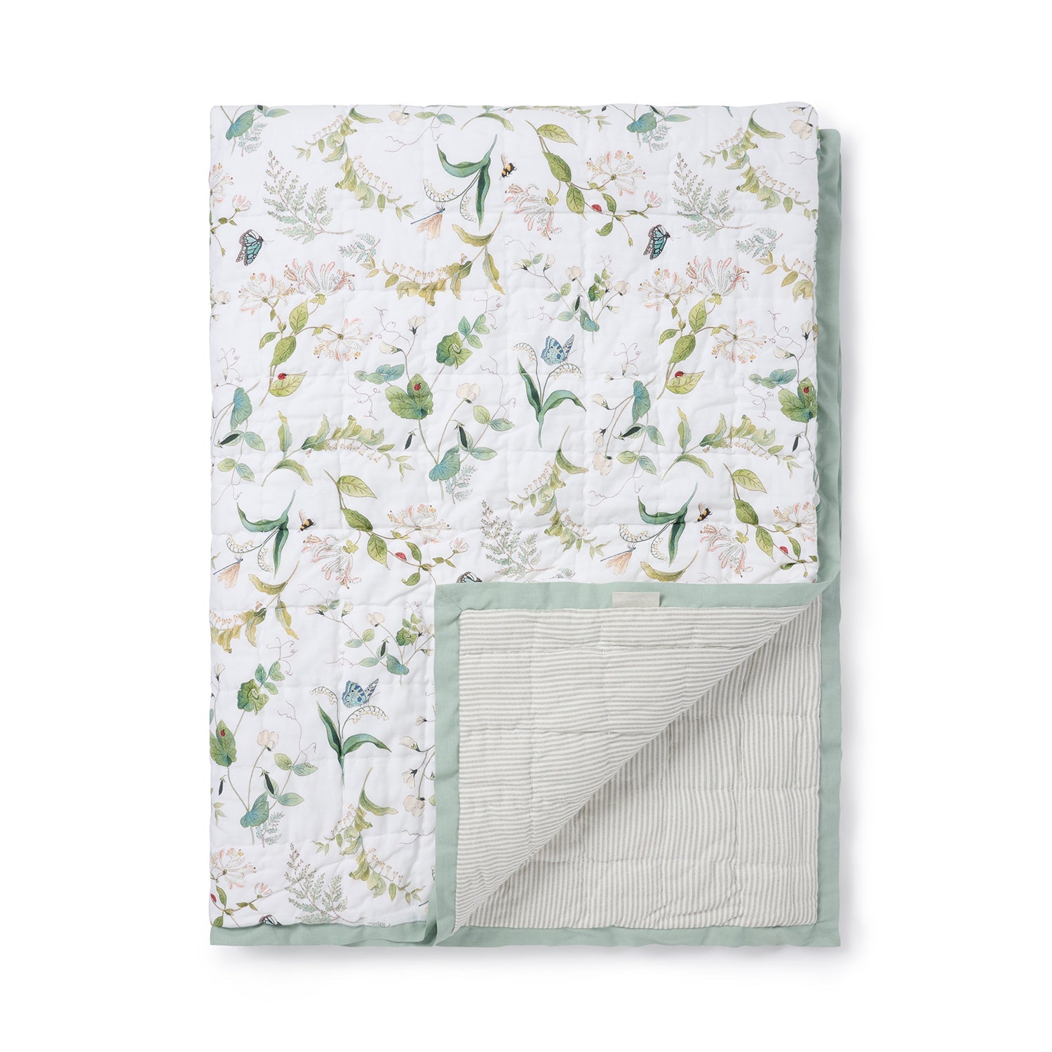 White quilted throw with floral print by Sophie Allport reverse detail