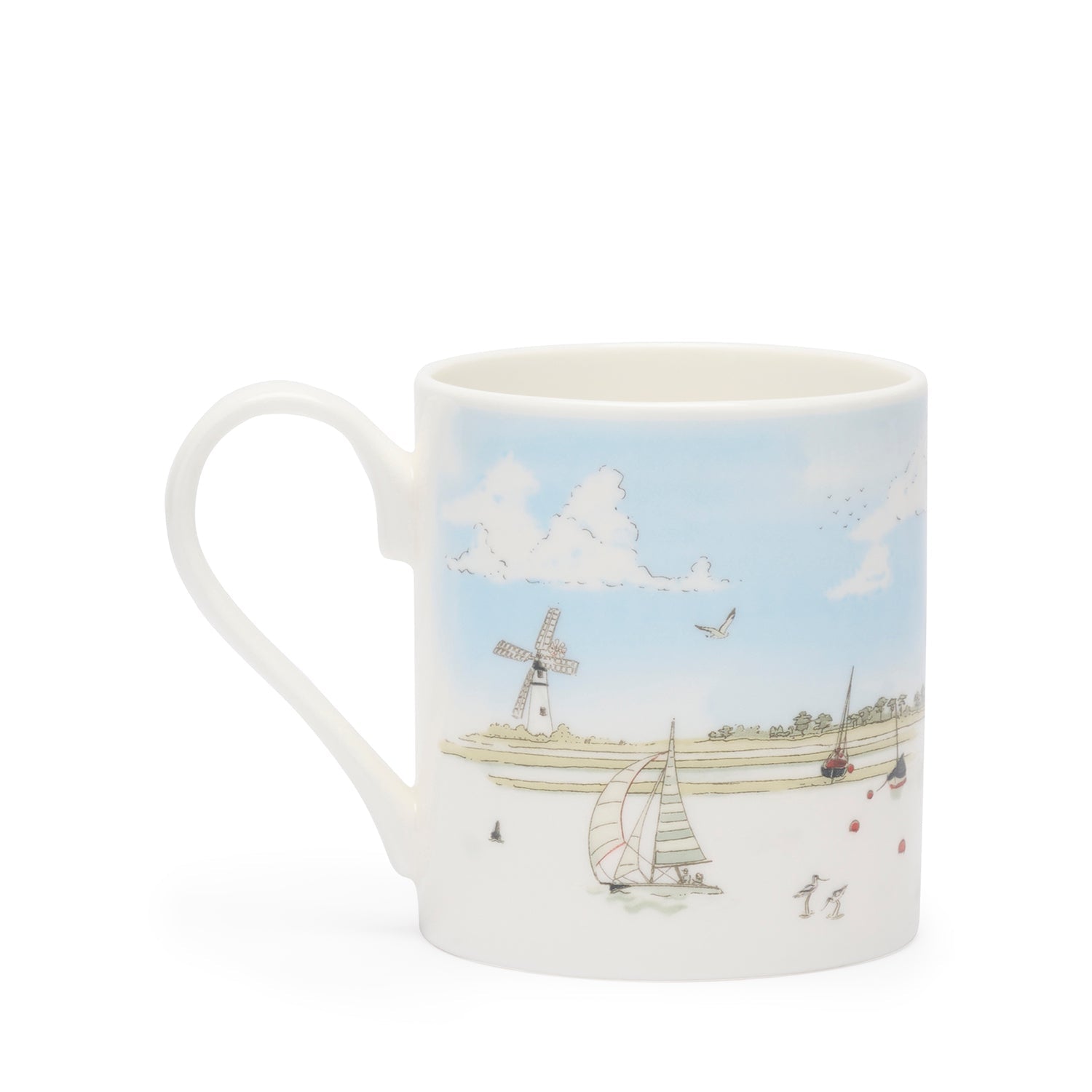 Fine bone china mugs with coastal sailing boats print by Sophie Allport front