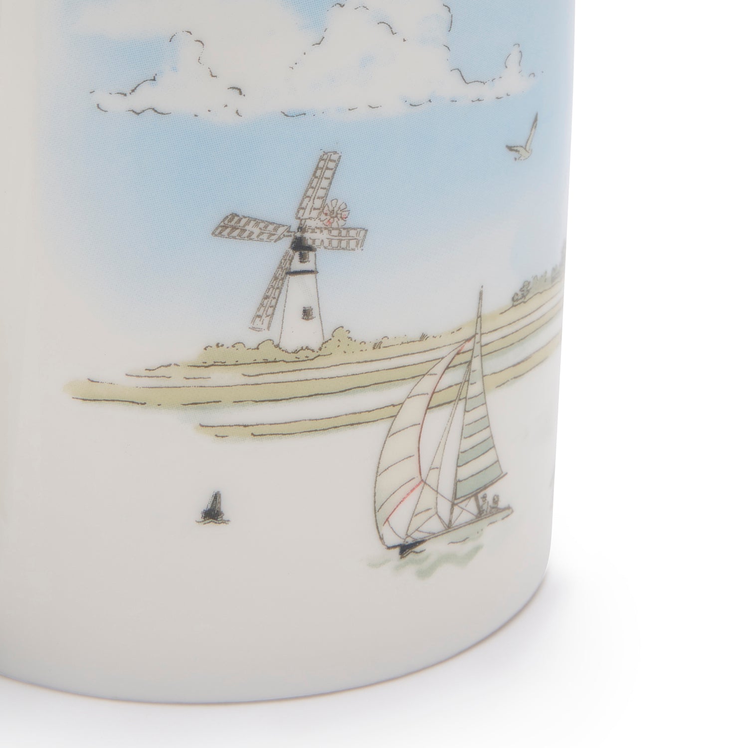 Fine bone china mugs with coastal sailing boats print by Sophie Allport base detail