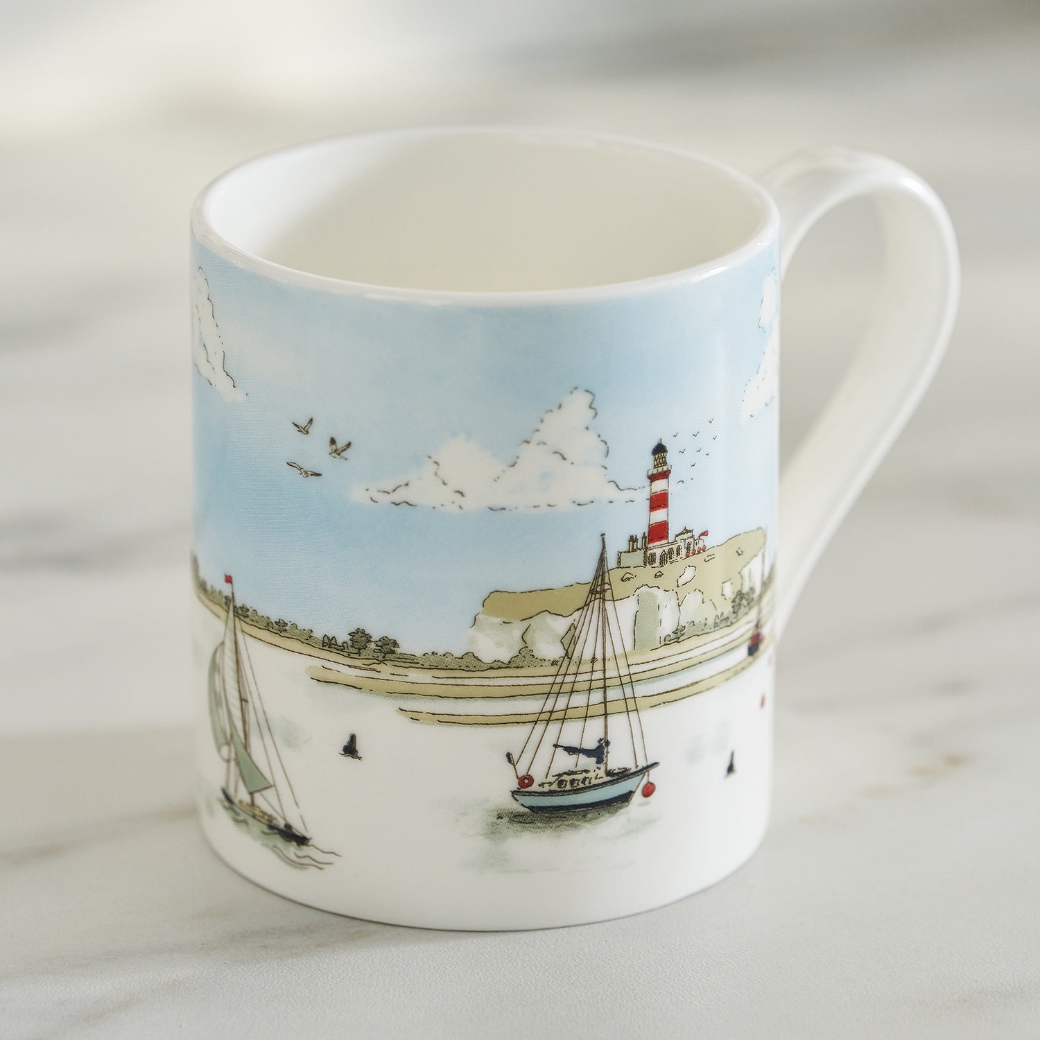 Fine bone china mugs with coastal sailing boats print by Sophie Allport detail