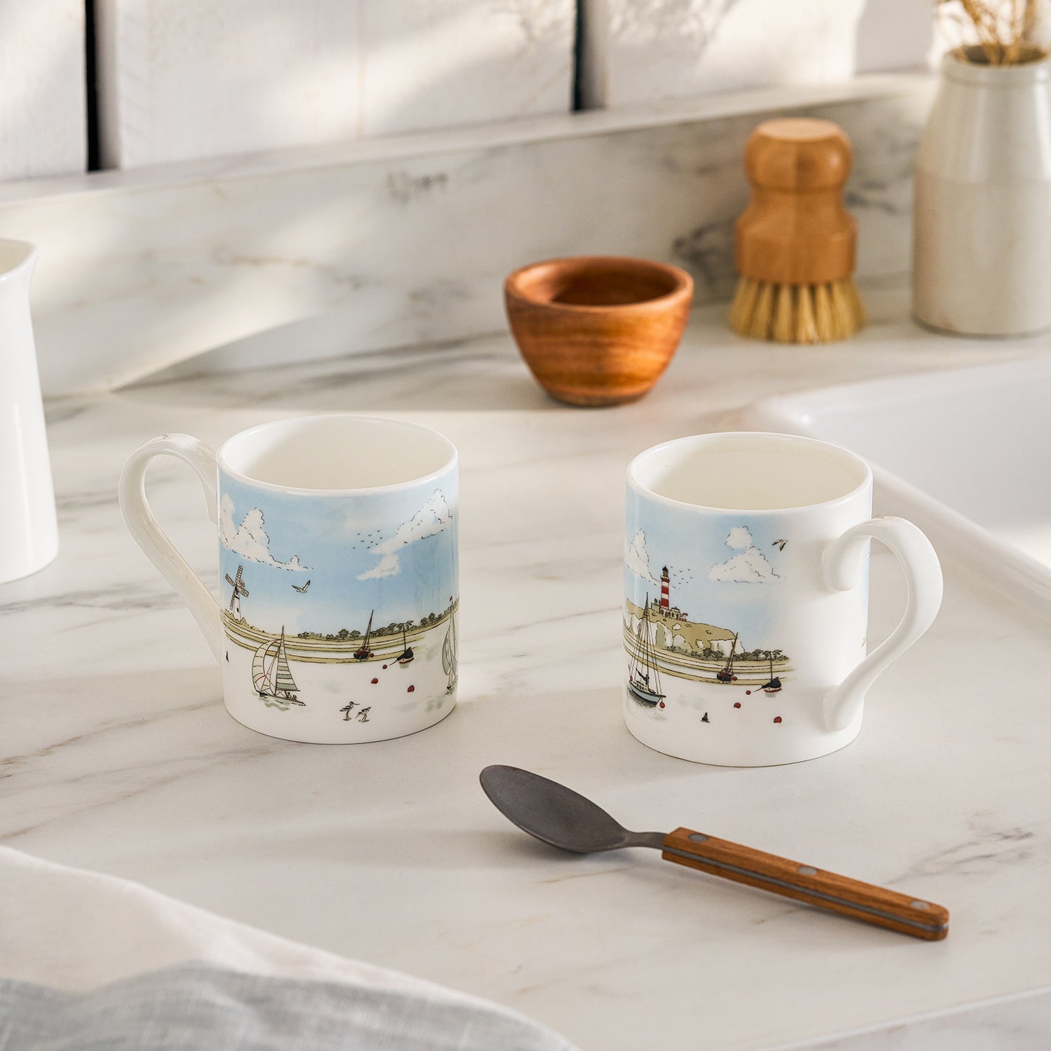 Fine bone china mugs with coastal sailing boats print by Sophie Allport