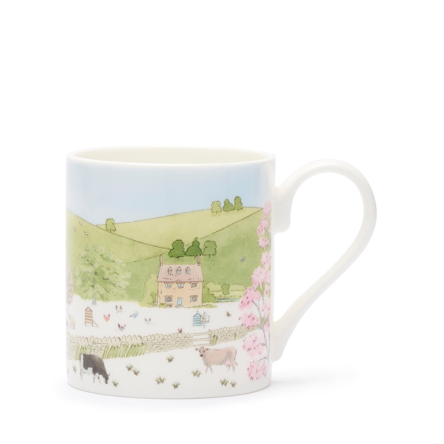 Fine bone china mugs with spring cottage print by Sophie Allport front