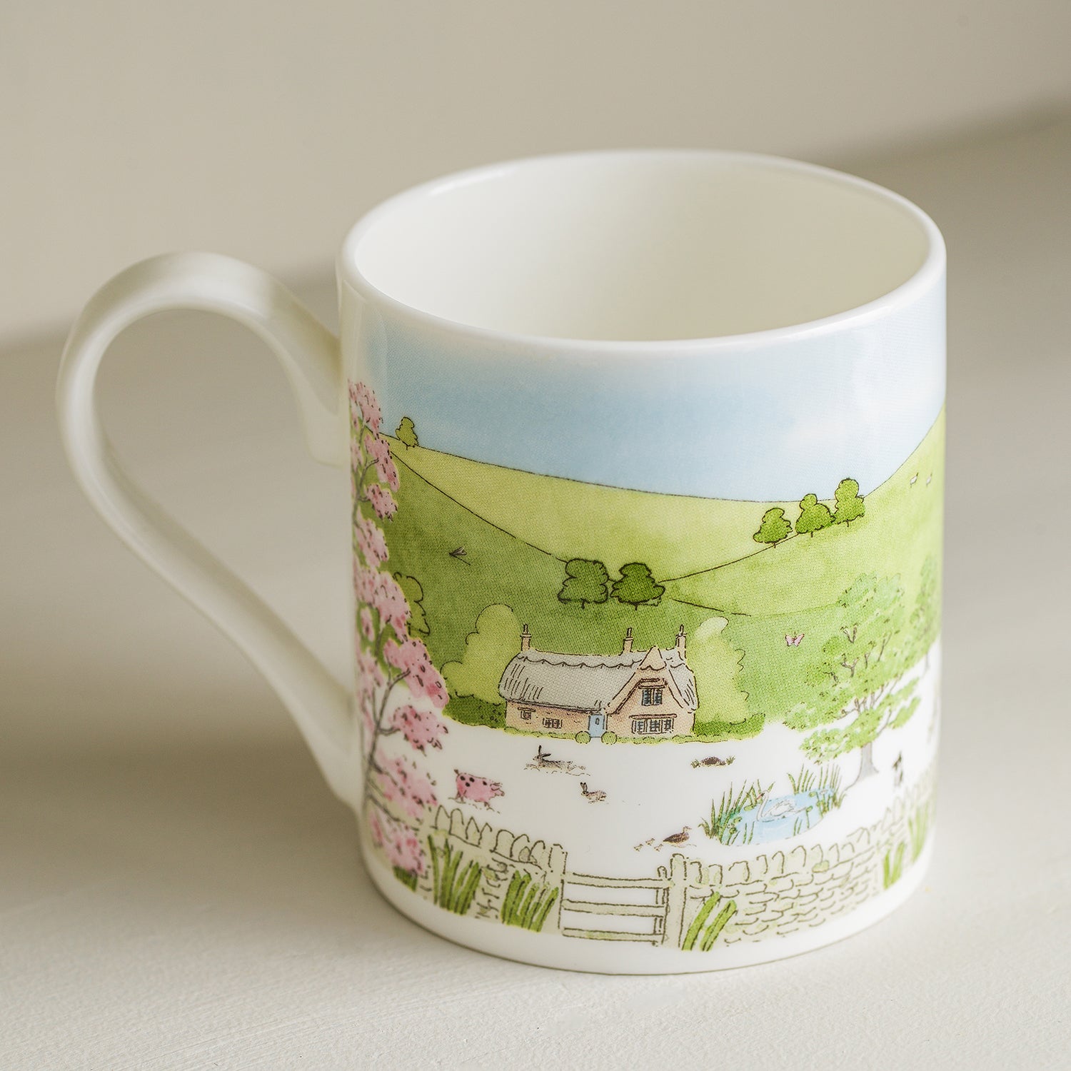 Fine bone china mugs with spring cottage print by Sophie Allport detail