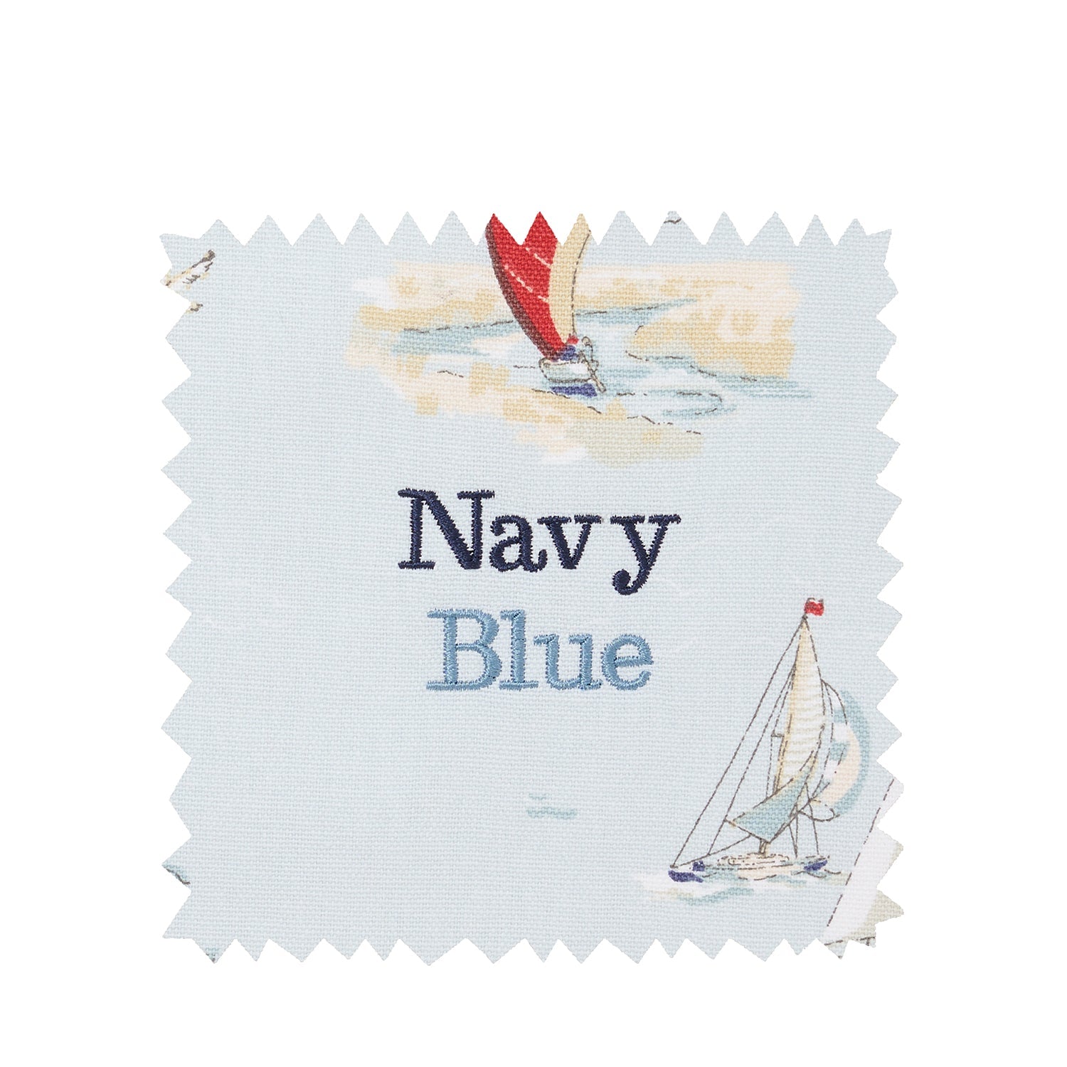 Blue tea towel with coastal boats print by Sophie Allport personalisation thread swatch