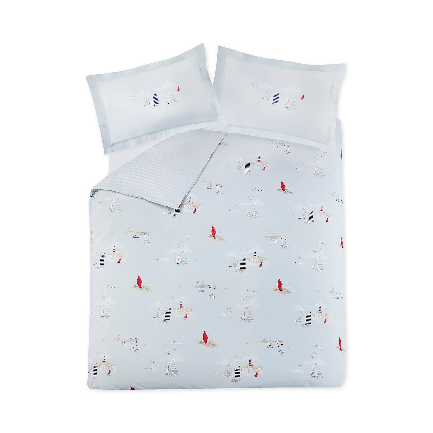 Blue cotton bedding set with coastal print by Sophie Allport front