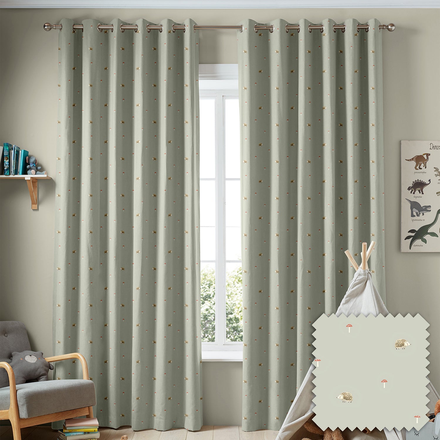 Hedgehogs Sage Green Made to Measure Curtains by Sophie Allport